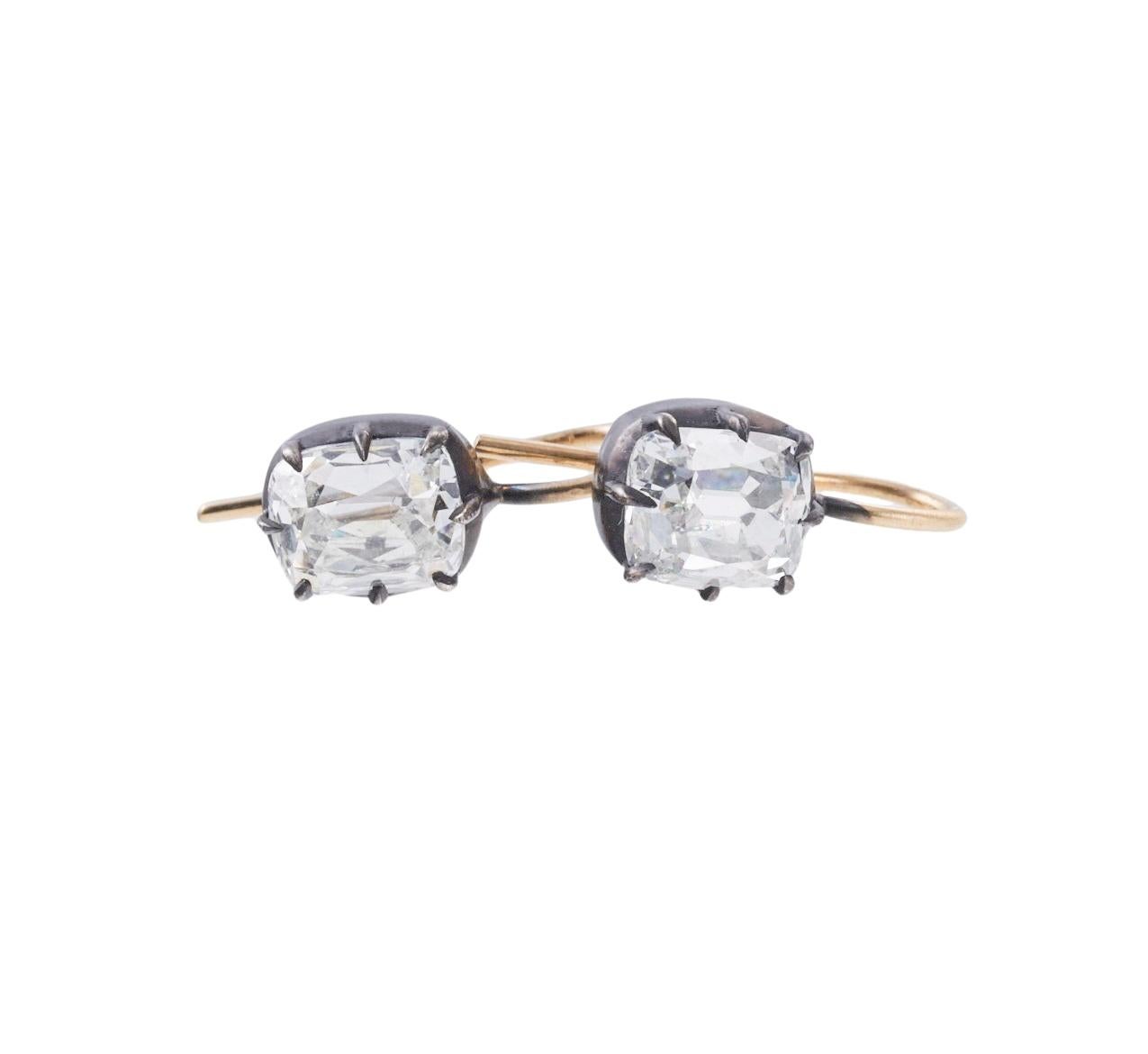 2.15 Carat Cushion Cut Silver and Gold Earrings For Sale 5
