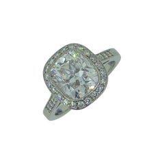 Vintage 2.15 Carat Cushion Diamond and Platinum Halo Solitaire Engagement Ring with GIA