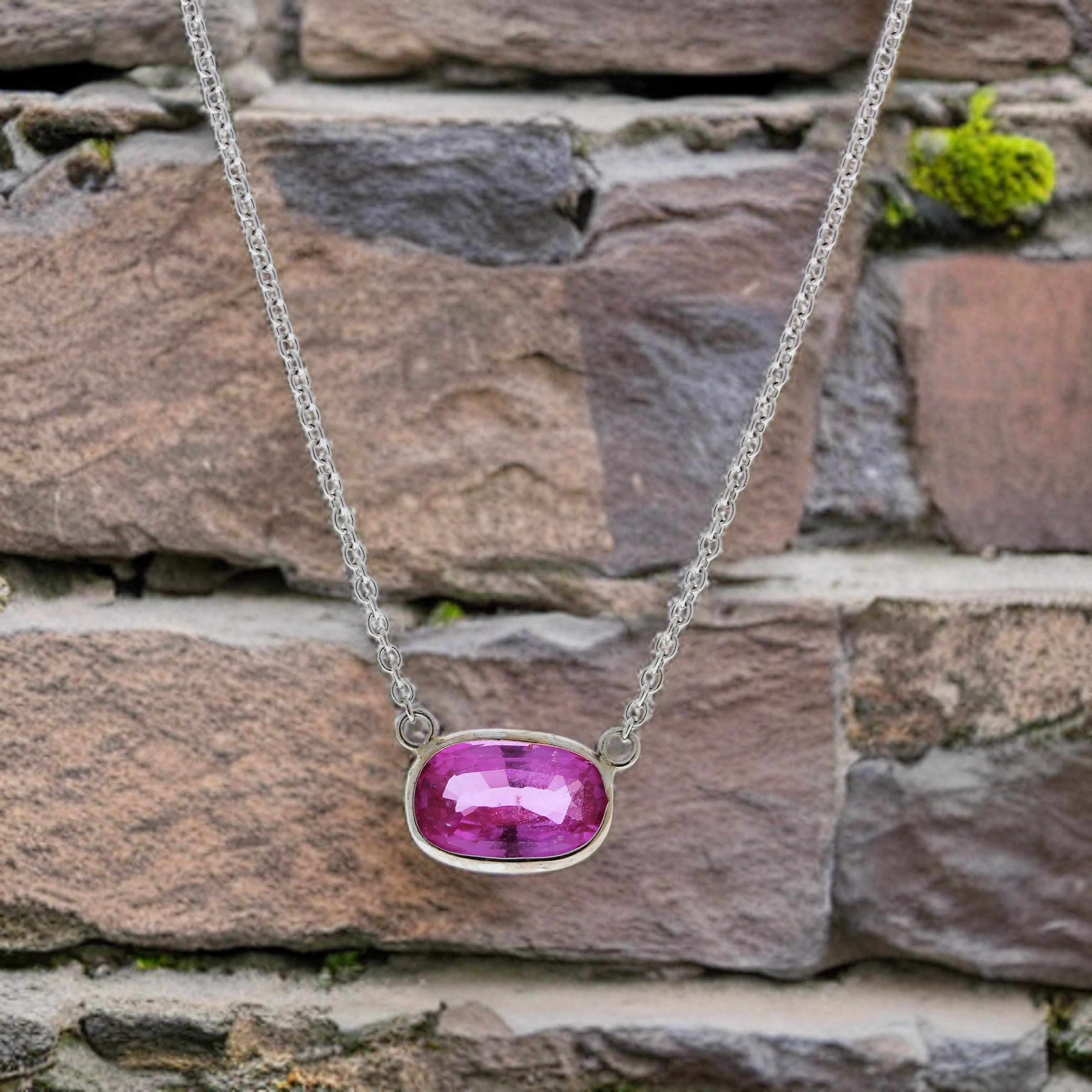 Contemporary 2.15 Carat Cushion Sapphire Pink Fashion Necklaces In 14k White Gold For Sale