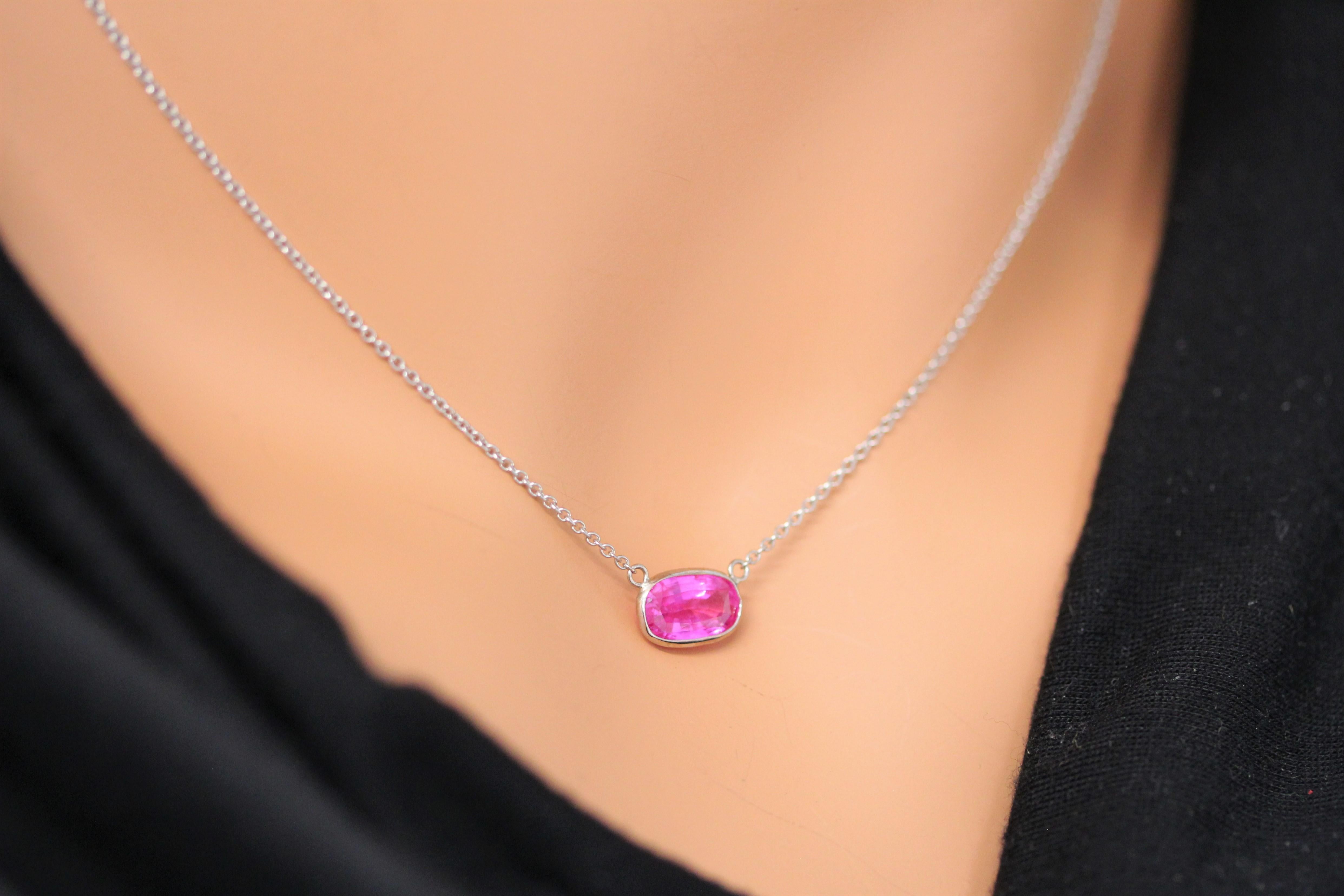 2.15 Carat Cushion Sapphire Pink Fashion Necklaces In 14k White Gold In New Condition For Sale In Chicago, IL