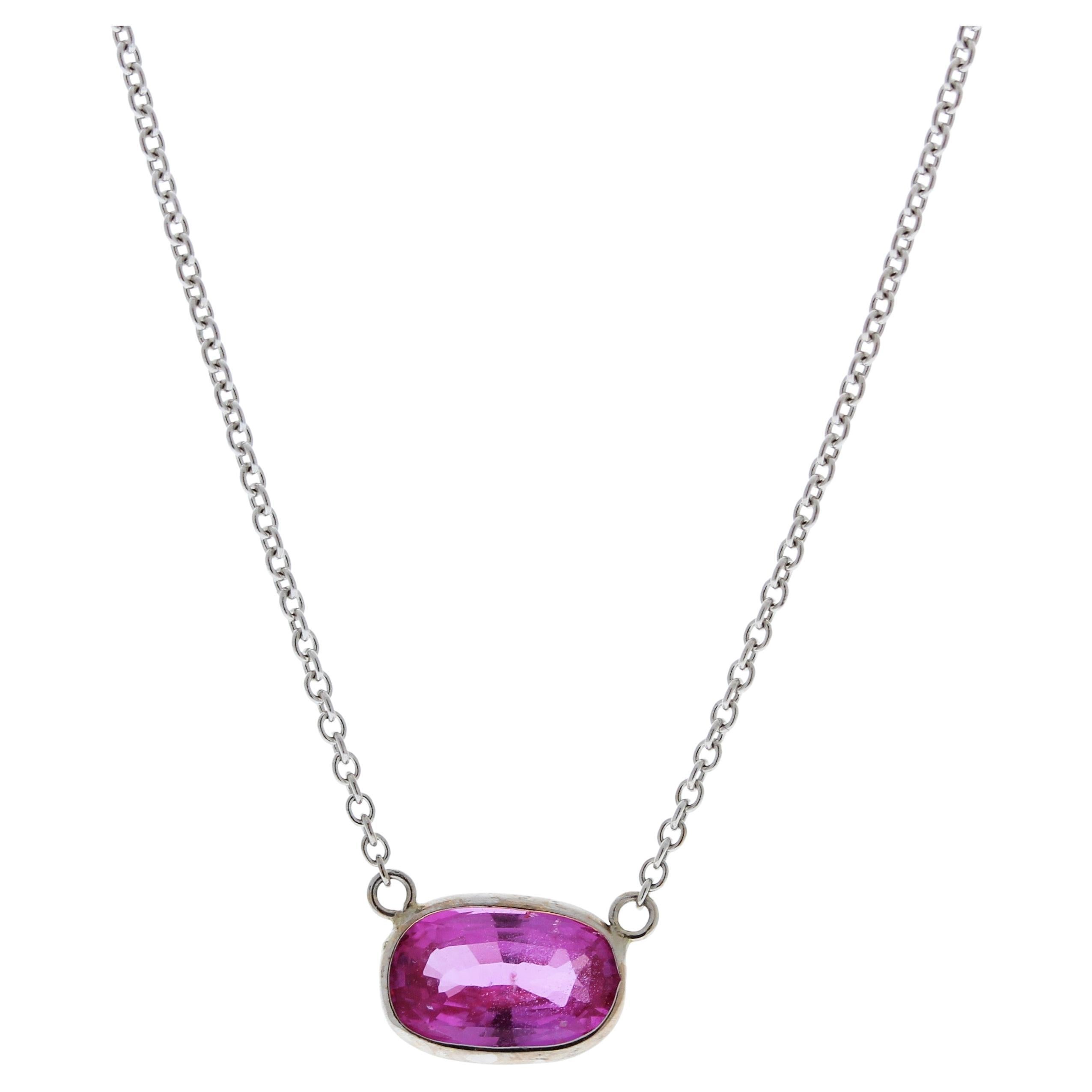 2.15 Carat Cushion Sapphire Pink Fashion Necklaces In 14k White Gold For Sale