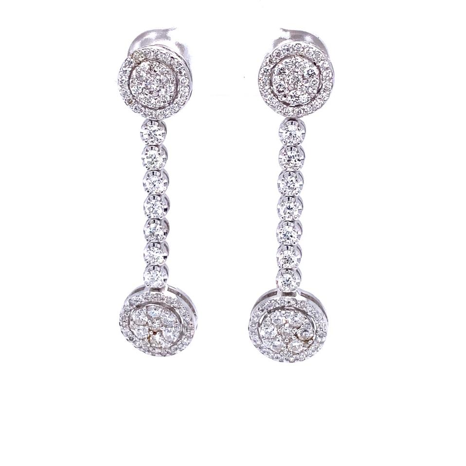 2.15 Carat Diamond Dangling 14 Karat White Gold Earrings

These delicate, yet intricate design earrings are sure to make a stunning statement!  There are 146 Round Cut Diamonds that weigh 2.15 Carats (Clarity: SI/Color: F).  

Made in 14K White Gold