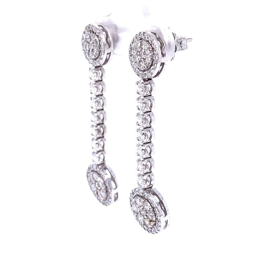 Round Cut 2.15 Carat Diamond Dangling 14 Karat White Gold Earrings For Sale