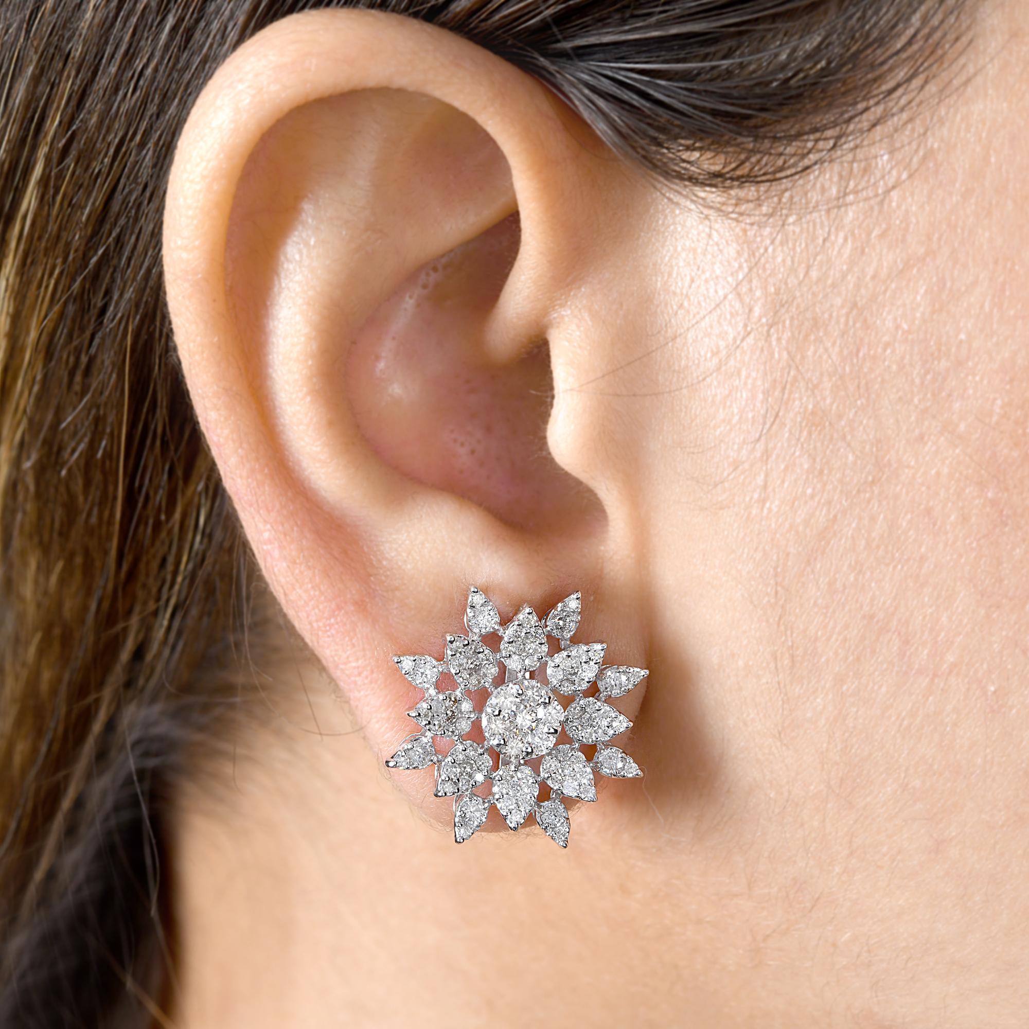 Women's 2.15 Carat Diamond Pave Starburst Stud Earrings 14 Karat White Gold Fine Jewelry For Sale