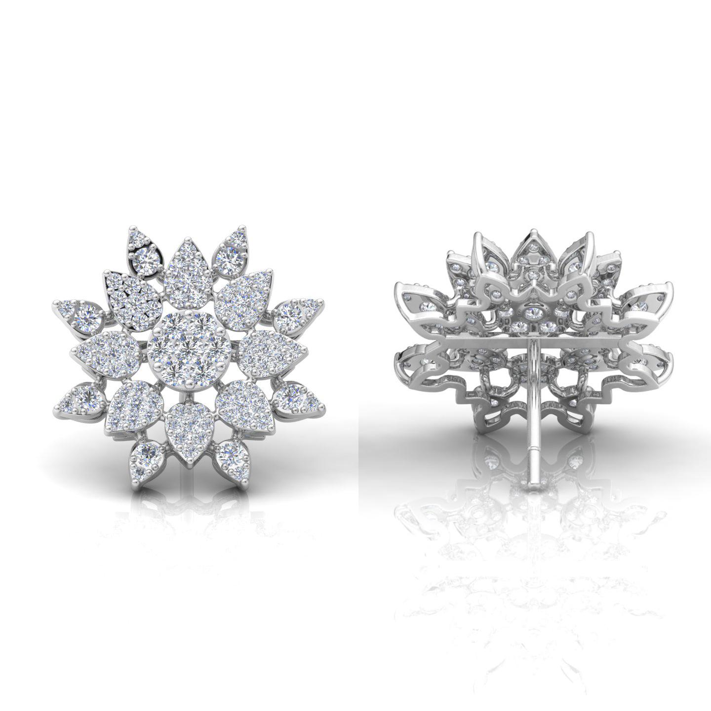 Round Cut 2.15 Carat Diamond Pave Starburst Stud Earrings 18 Karat White Gold Fine Jewelry For Sale