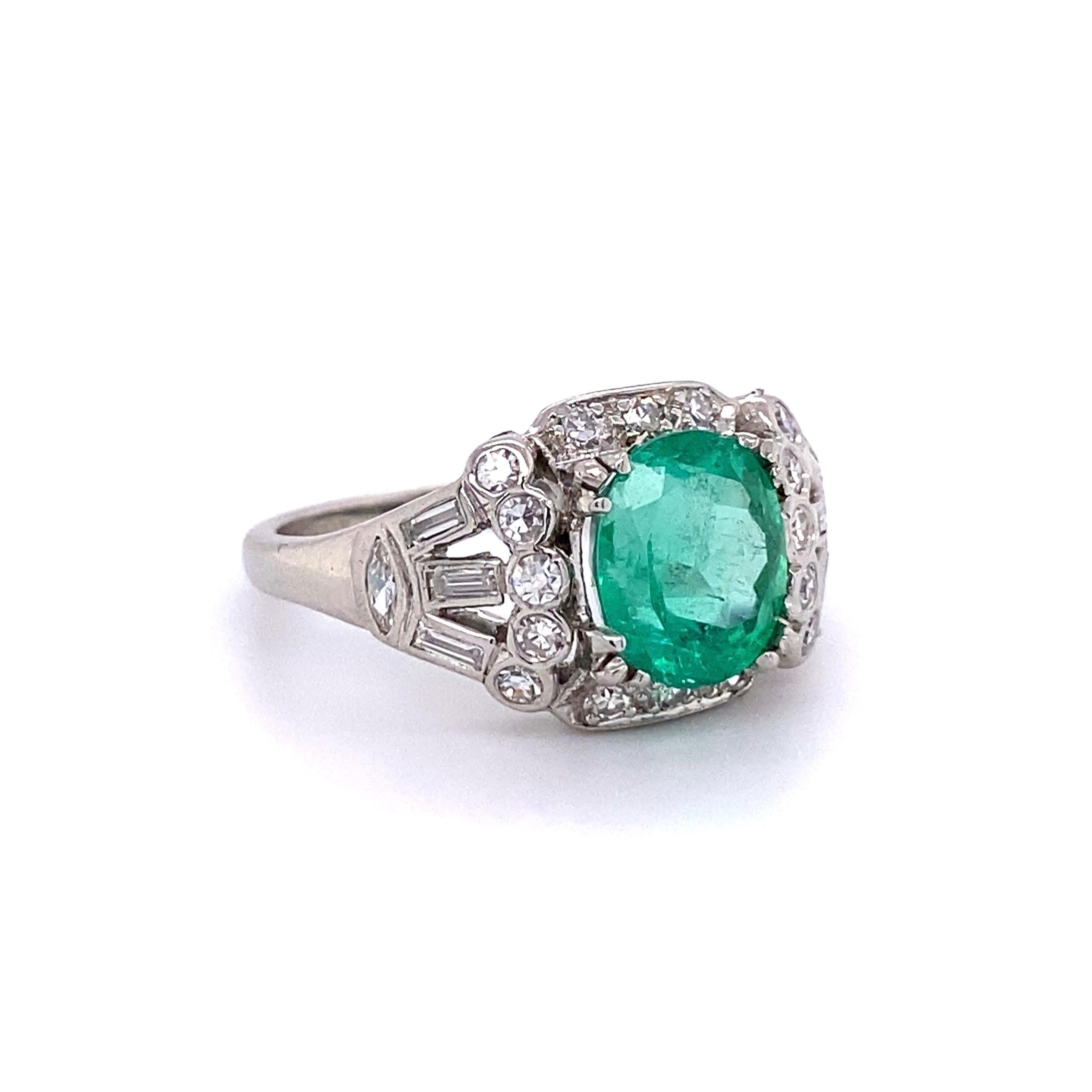 Modernist 2.15 Carat Emerald and Diamond Platinum Cocktail Ring Estate Fine Jewelry For Sale