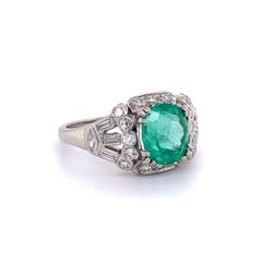 2.15 Carat Emerald and Diamond Platinum Art Deco Cocktail Ring
