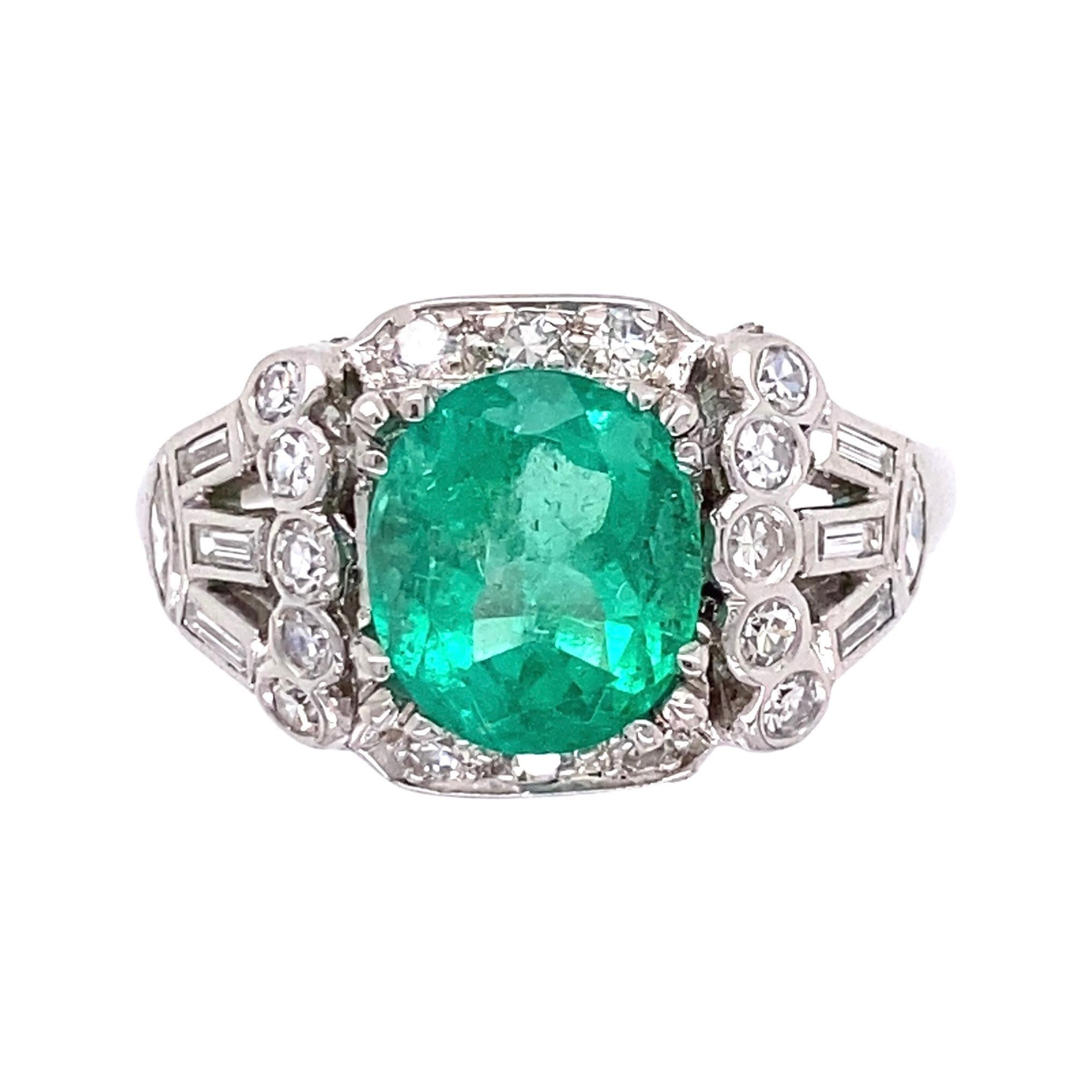2.15 Carat Emerald and Diamond Platinum Cocktail Ring Estate Fine Jewelry
