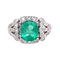 Retro 2.15 Carat Emerald and Diamond Platinum Cocktail Ring Estate Fine Jewelry
