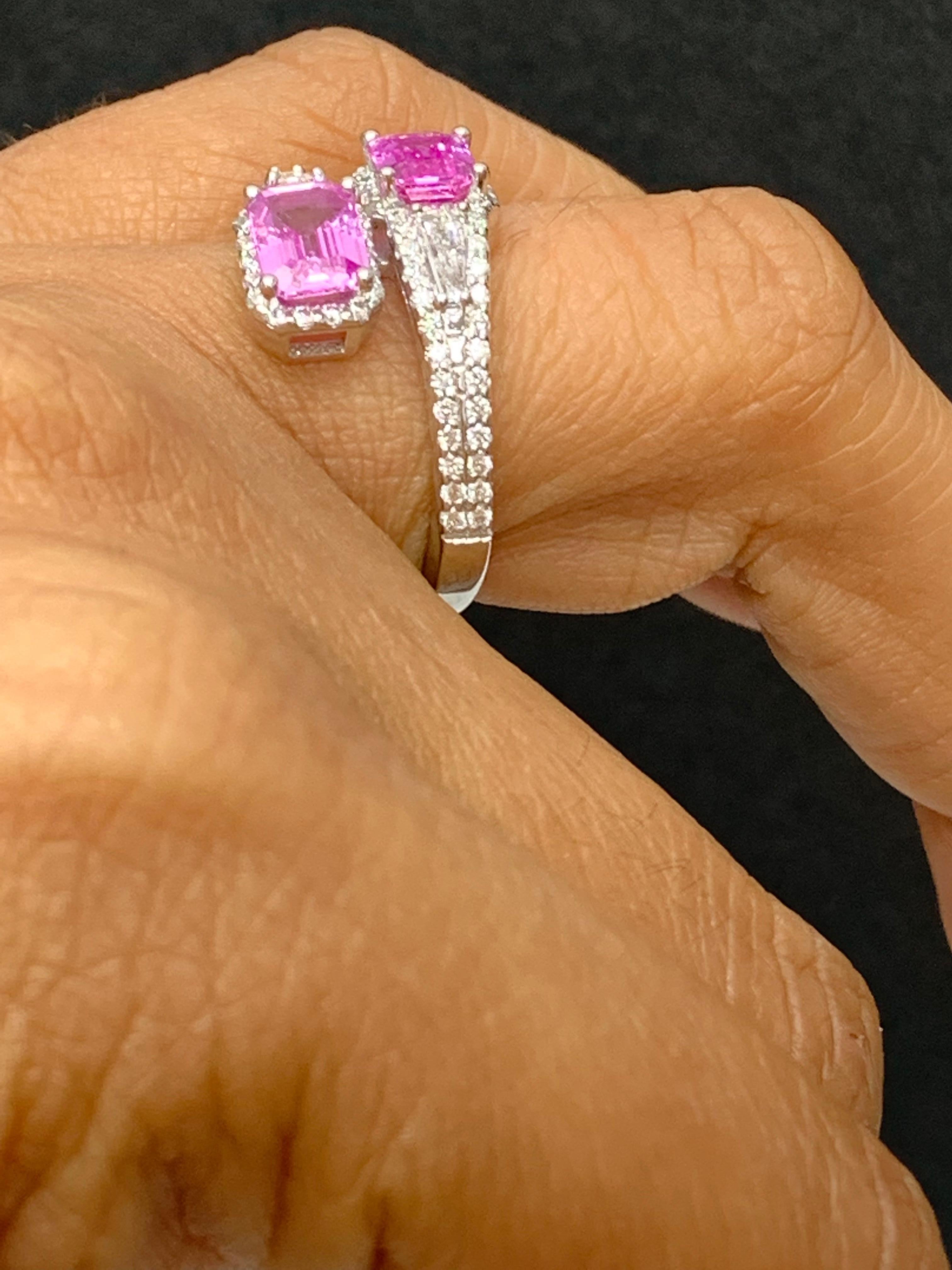 2.15 Carat Emerald Cut Pink Sapphire Diamond Toi Et Moi Ring 14K White Gold For Sale 3