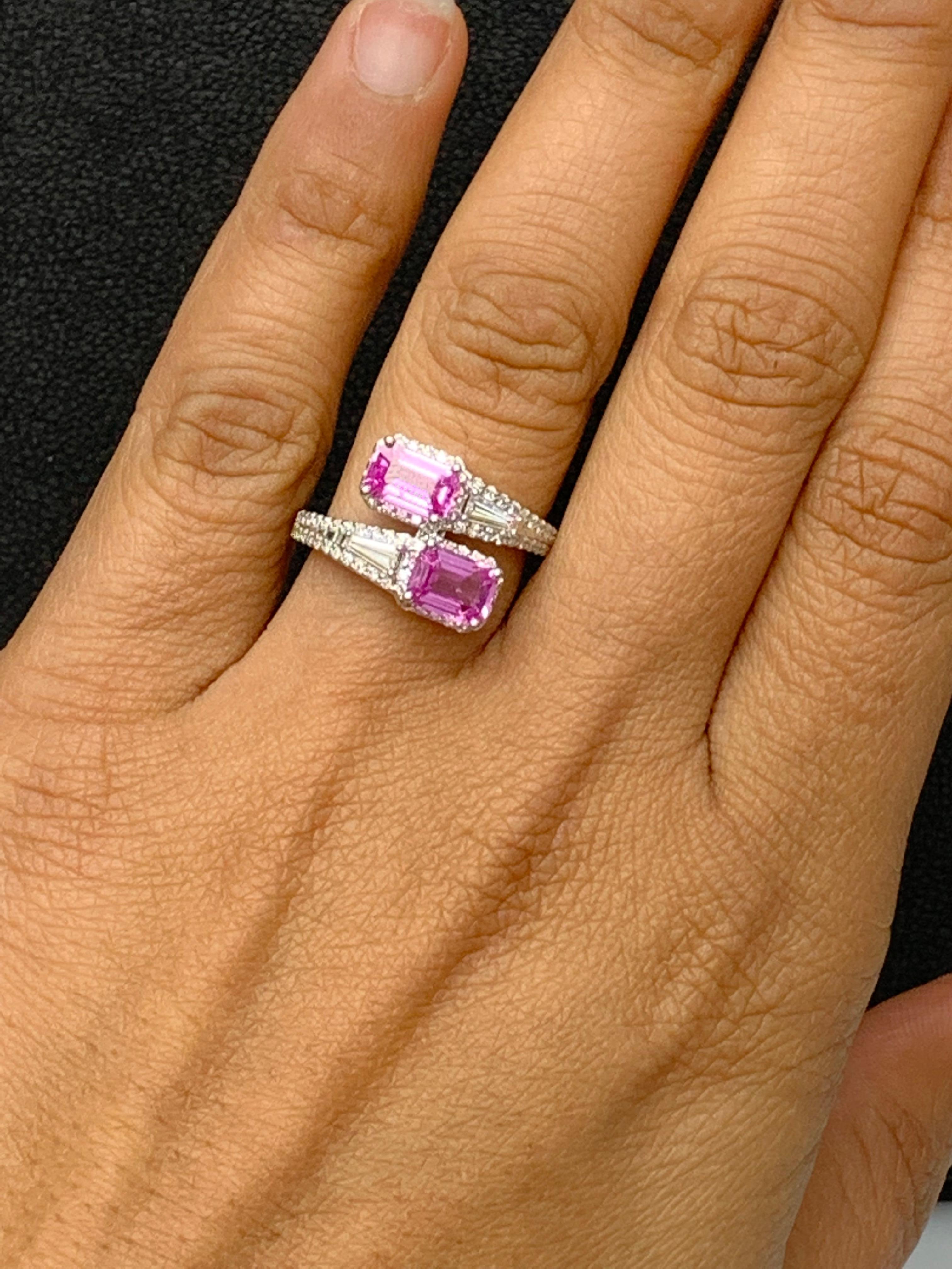 2.15 Carat Emerald Cut Pink Sapphire Diamond Toi Et Moi Ring 14K White Gold For Sale 4