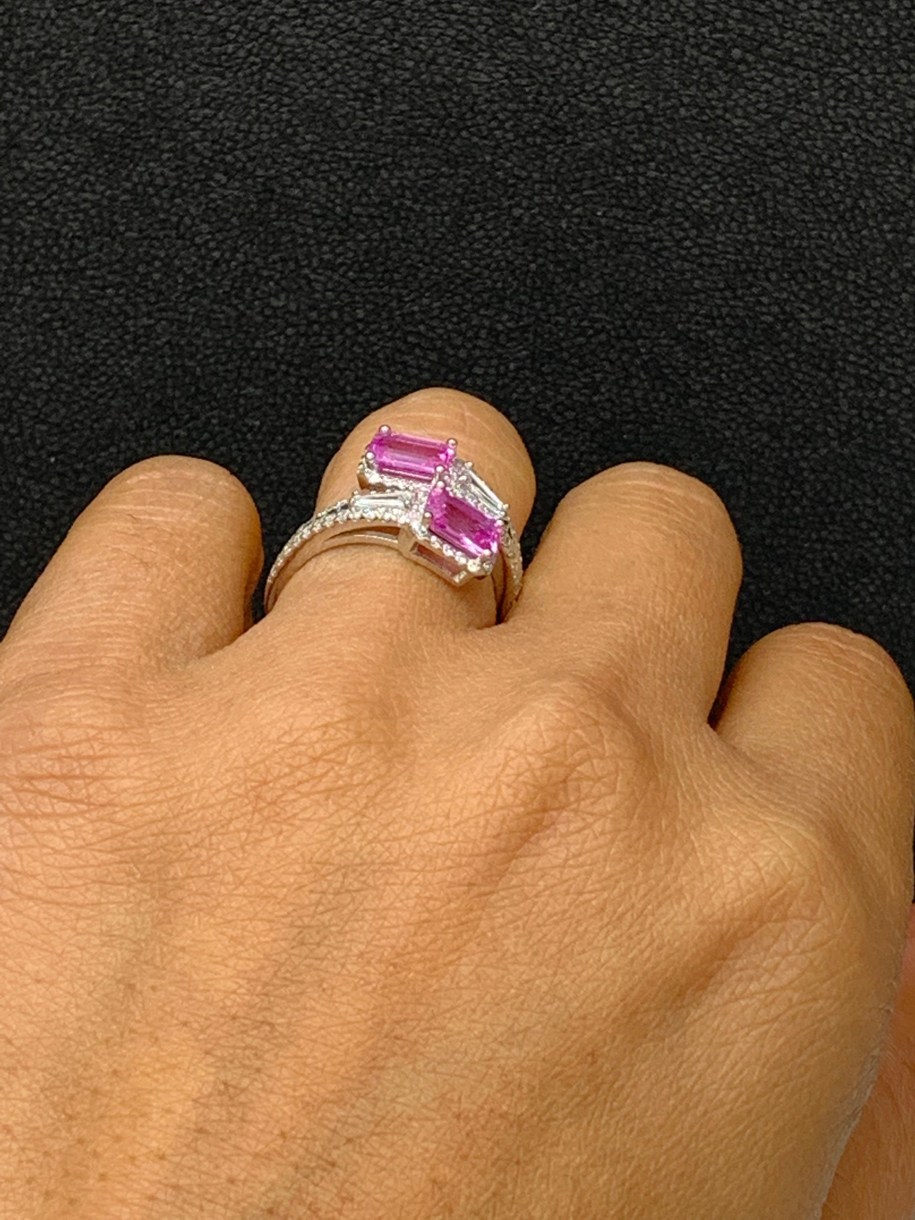2.15 Carat Emerald Cut Pink Sapphire Diamond Toi Et Moi Ring 14K White Gold For Sale 5