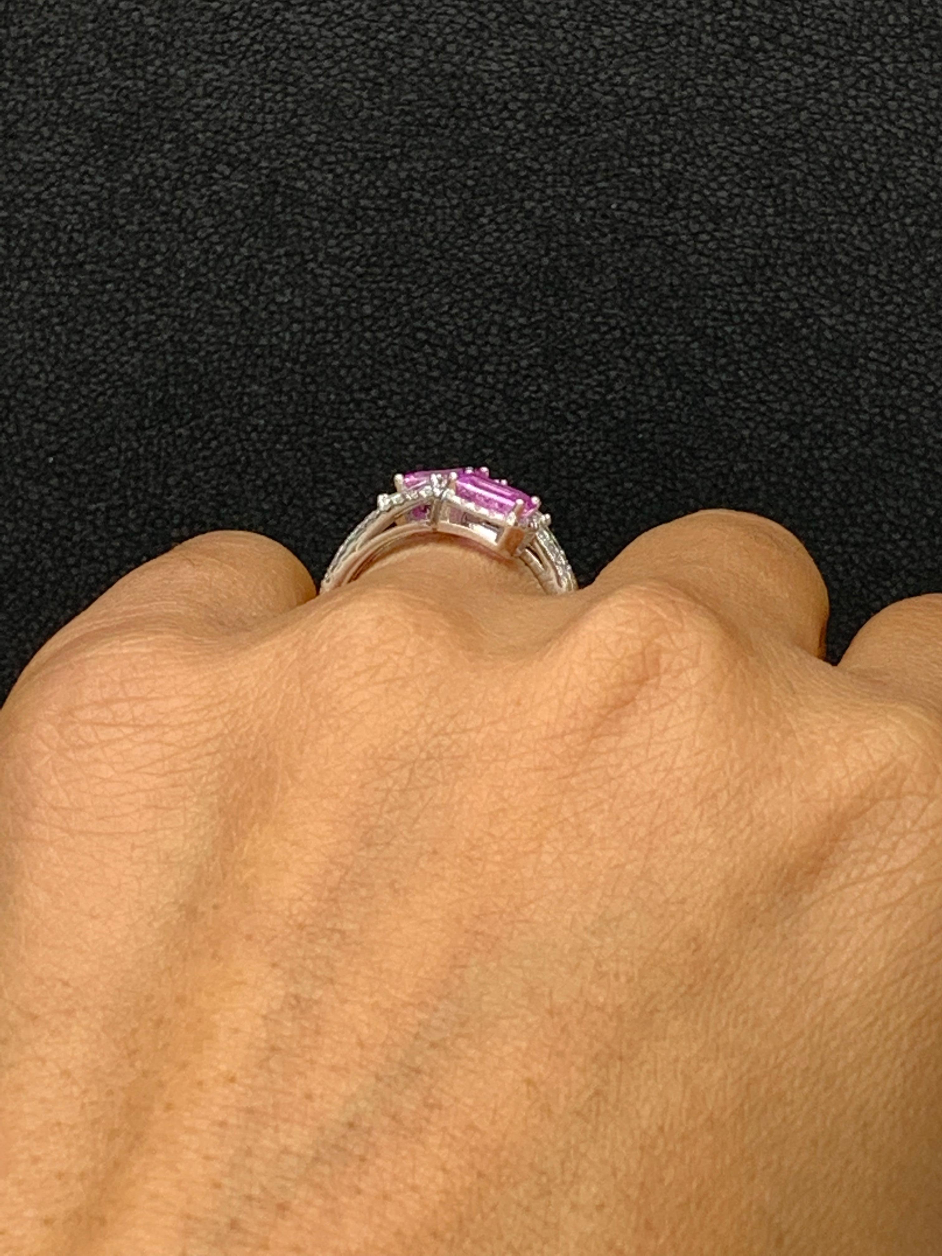 2.15 Carat Emerald Cut Pink Sapphire Diamond Toi Et Moi Ring 14K White Gold For Sale 6