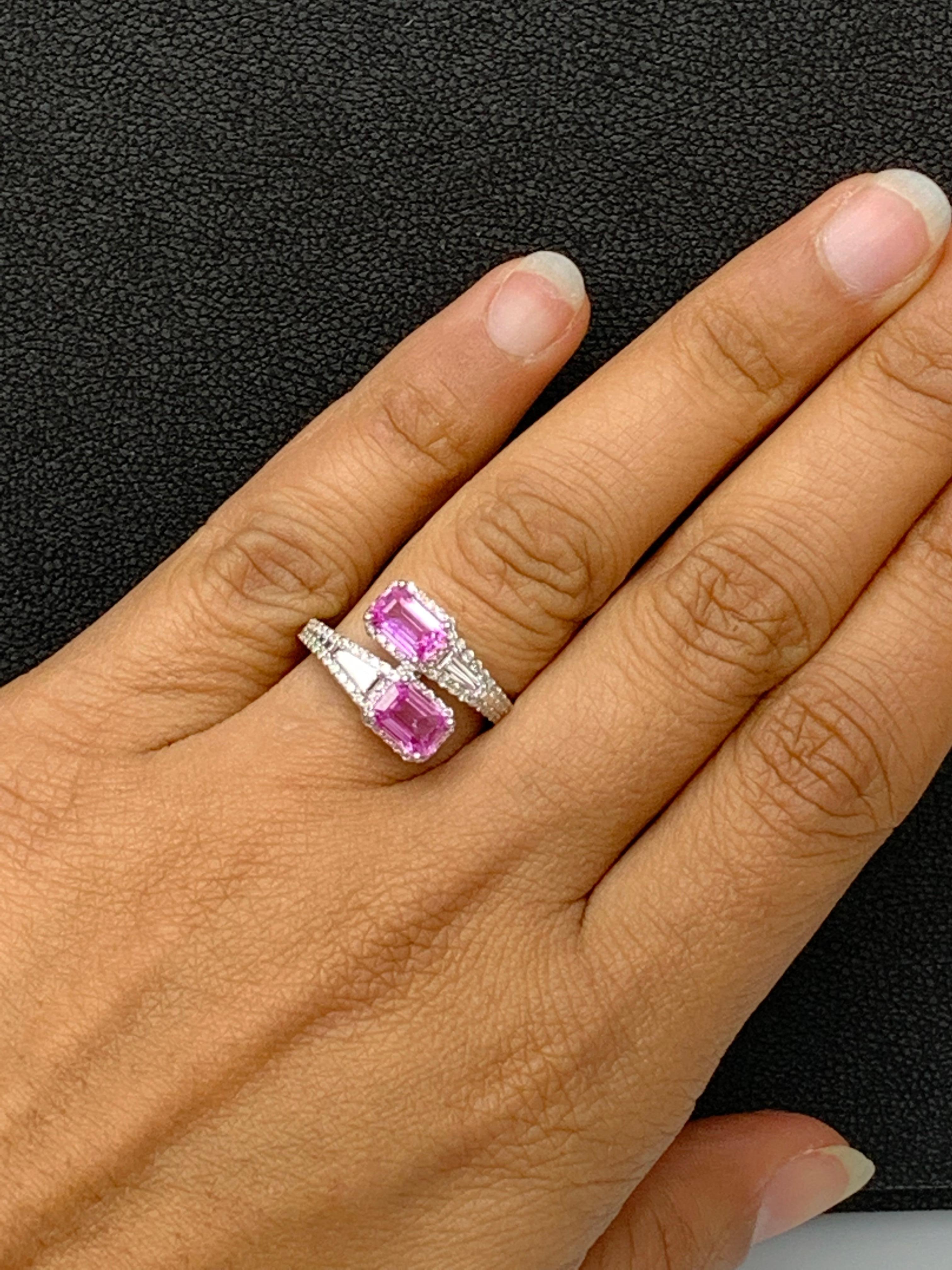 2.15 Carat Emerald Cut Pink Sapphire Diamond Toi Et Moi Ring 14K White Gold For Sale 7