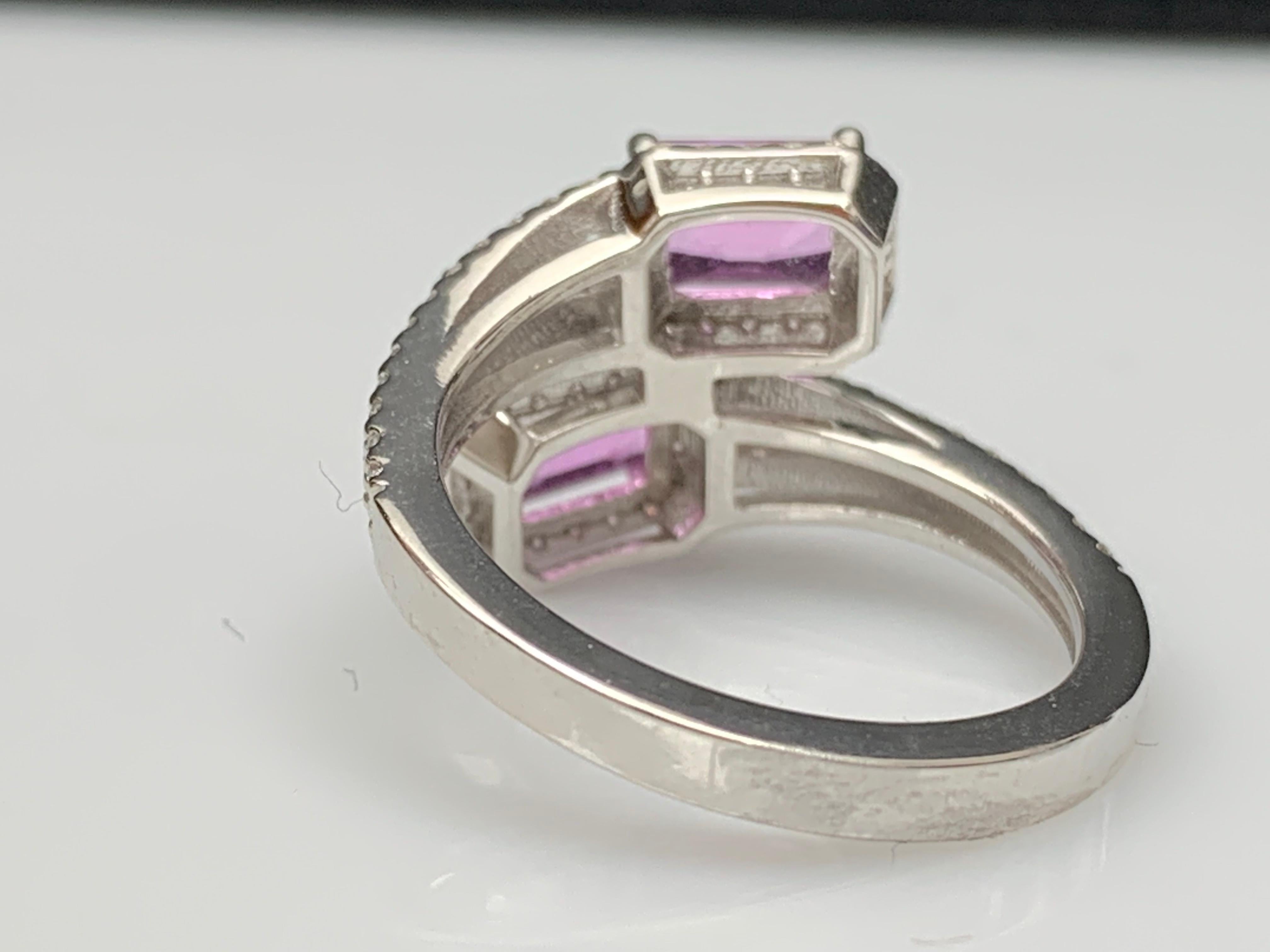 Modern 2.15 Carat Emerald Cut Pink Sapphire Diamond Toi Et Moi Ring 14K White Gold For Sale