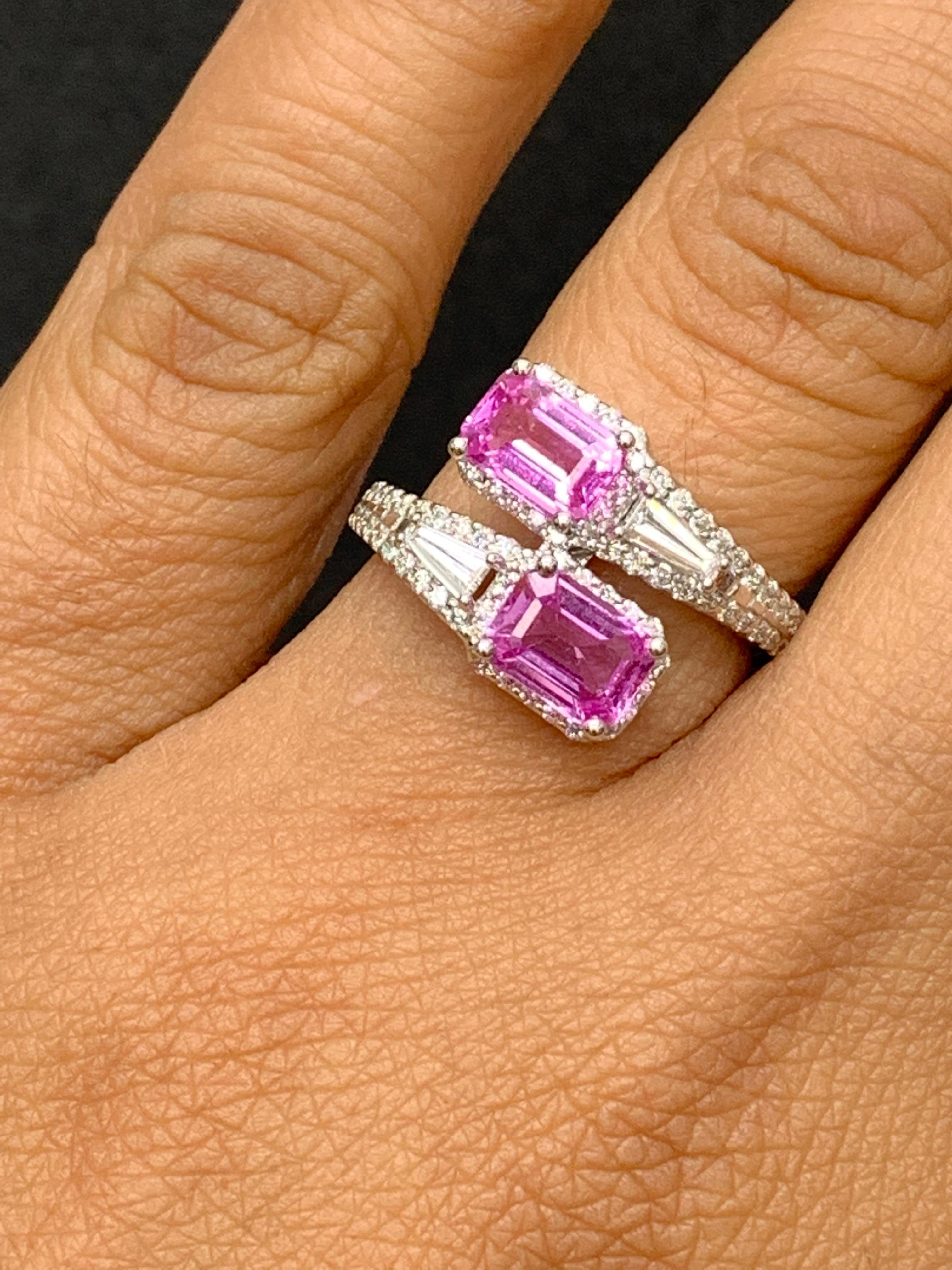 Women's 2.15 Carat Emerald Cut Pink Sapphire Diamond Toi Et Moi Ring 14K White Gold For Sale