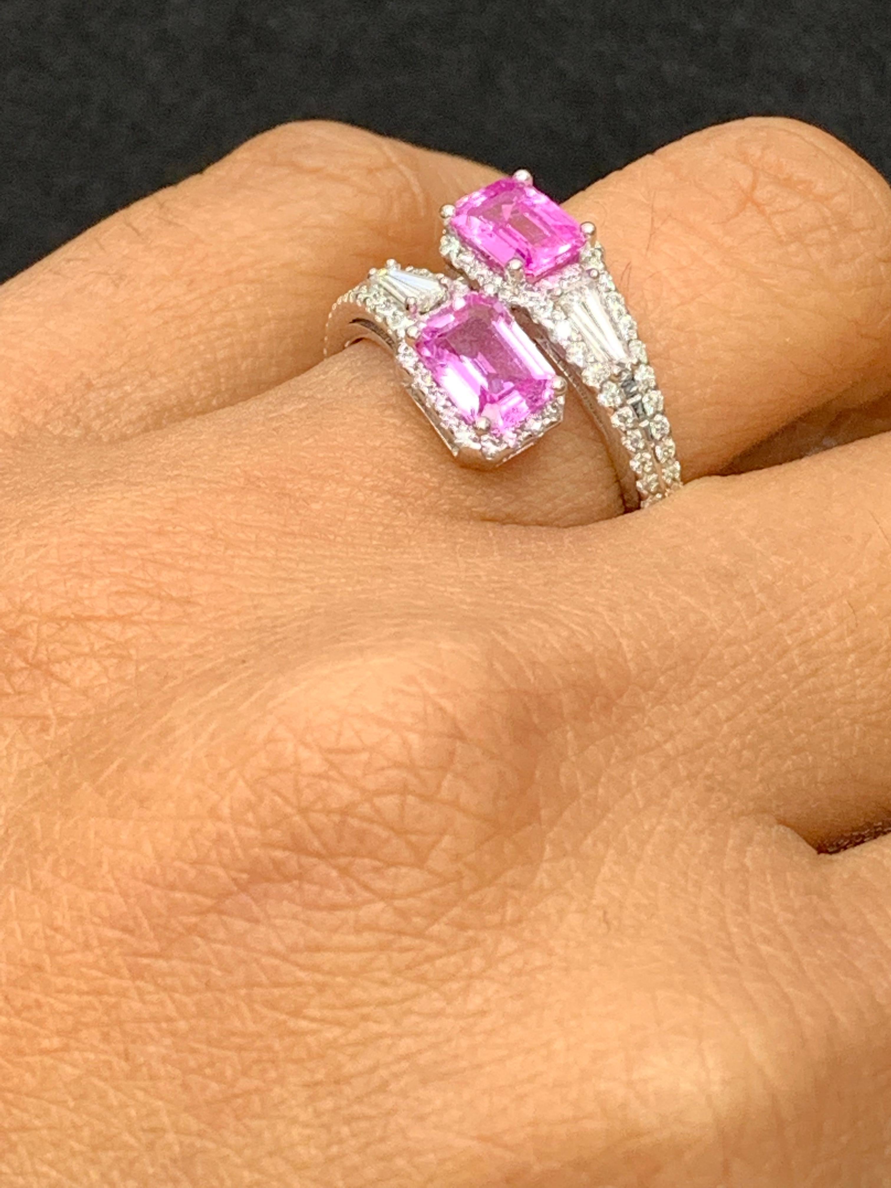 2.15 Carat Emerald Cut Pink Sapphire Diamond Toi Et Moi Ring 14K White Gold For Sale 1