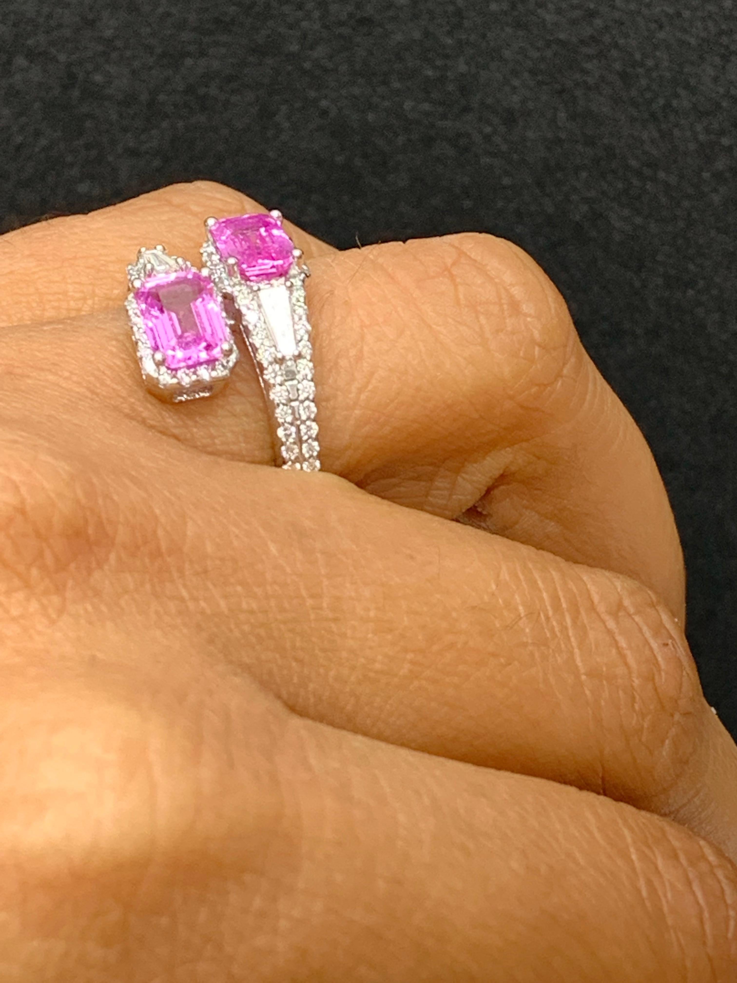 2.15 Carat Emerald Cut Pink Sapphire Diamond Toi Et Moi Ring 14K White Gold For Sale 2