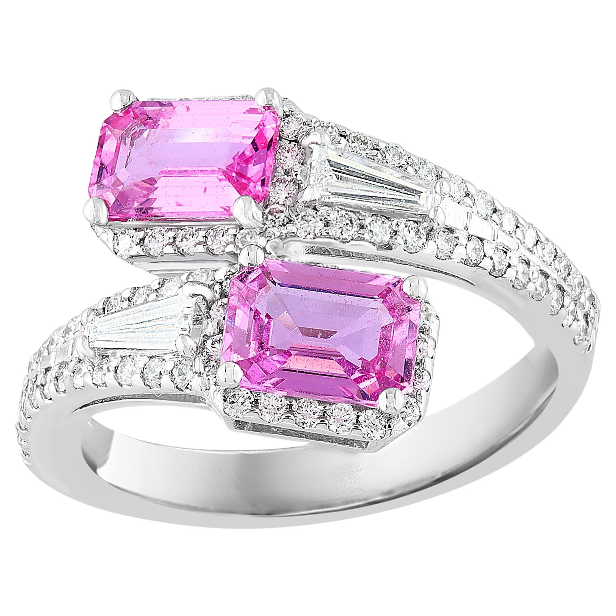 2.15 Carat Emerald Cut Pink Sapphire Diamond Toi Et Moi Ring 14K White Gold For Sale