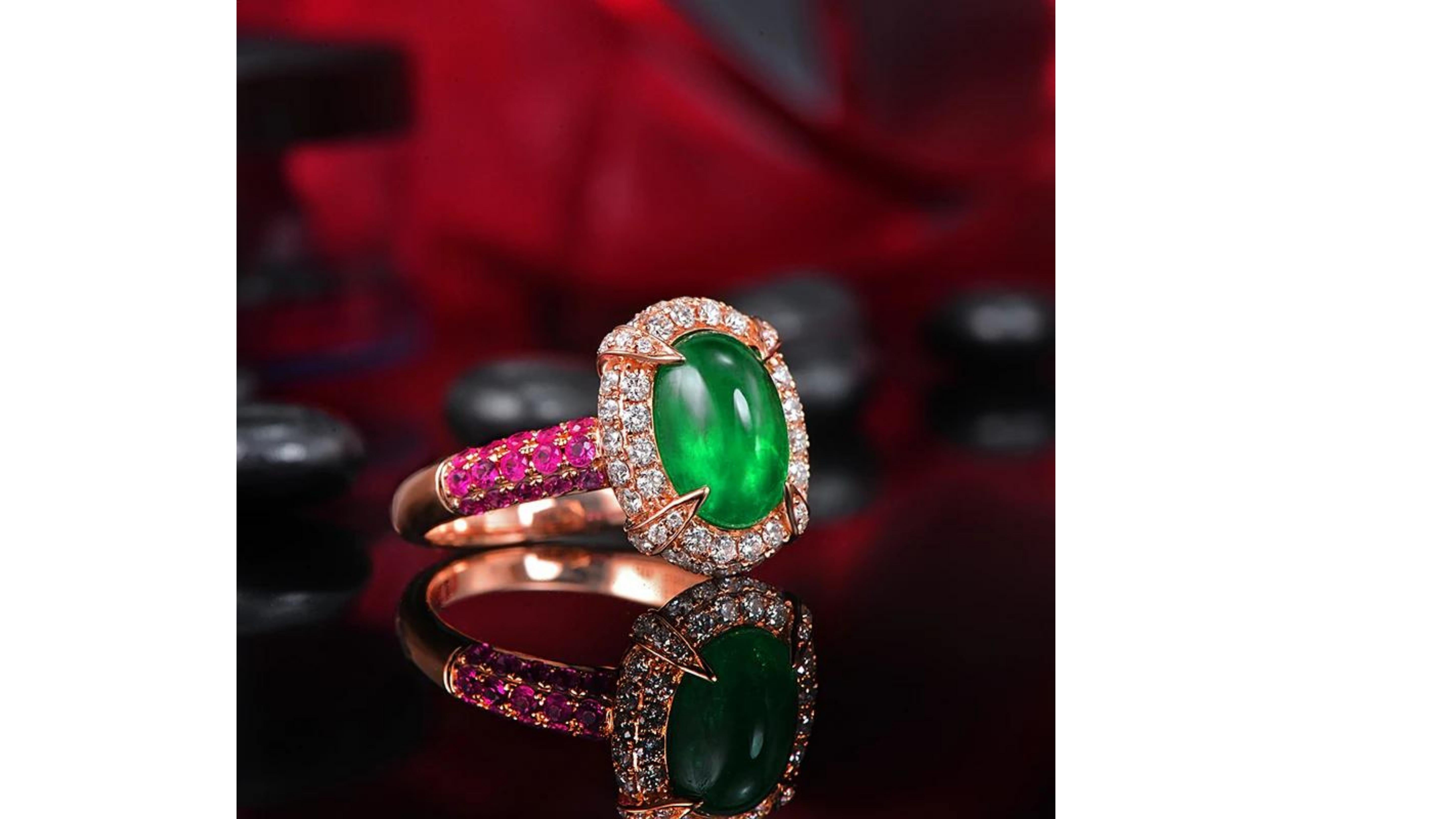 Contemporary 2.15 Carat Emerald Pink Sapphire Diamond Ring 14 Karat Rose Gold For Sale