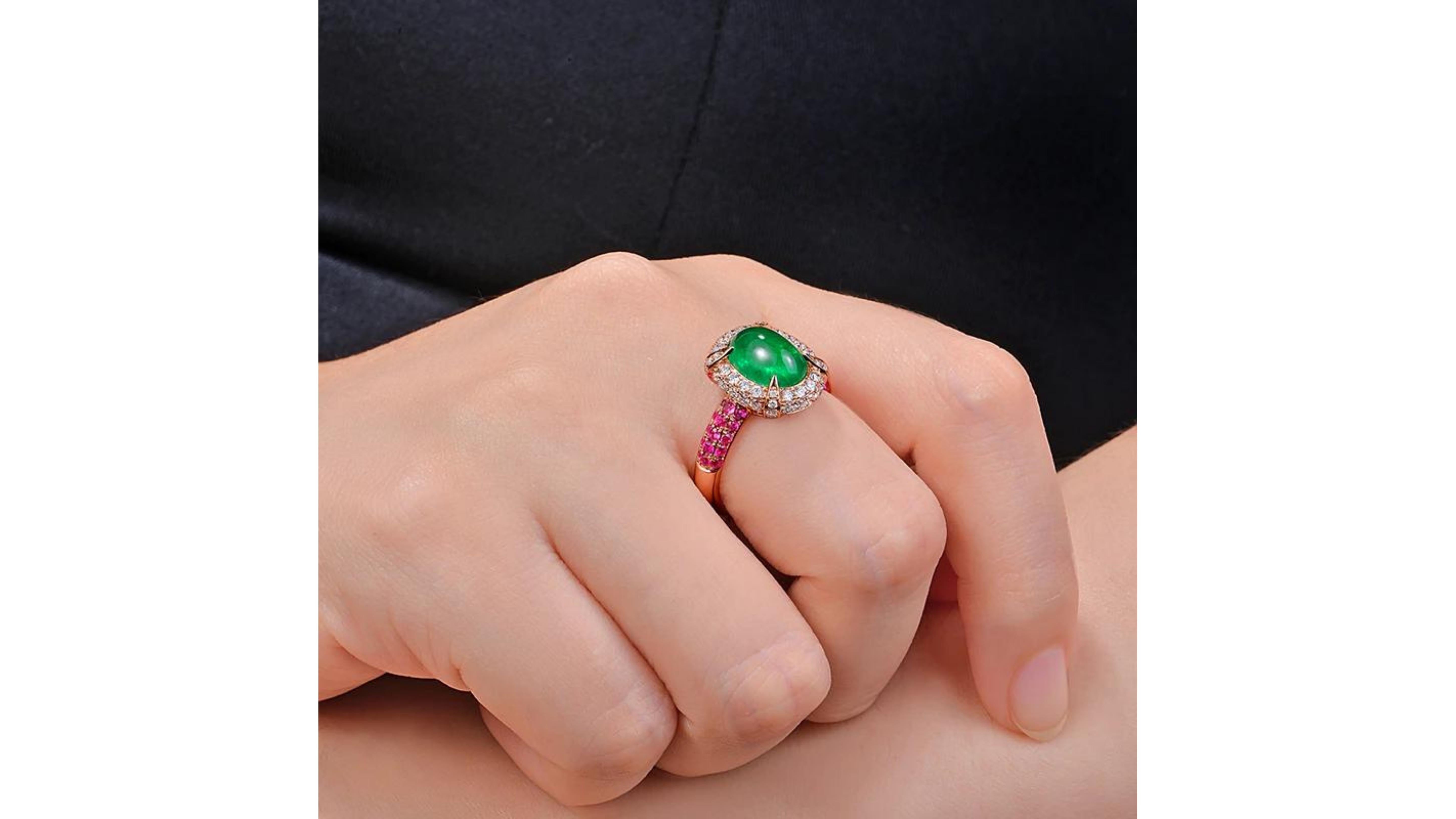2.15 Carat Emerald Pink Sapphire Diamond Ring 14 Karat Rose Gold For Sale 1