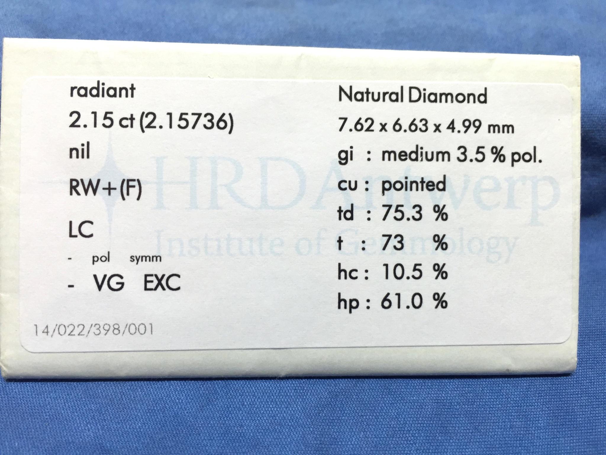 Cut: radiant 
Weight: 2.15 ct 
Colour: F 
Clarity: LC ( Loupe Clean ) 
Polish: Very good 
Symmetry: Excellent. 
Certificate Number: 14022398001. 
See certificate for more details. 
Shipping: free worldwide insured shipping 
All our jewellery comes