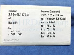 2.15 Carat HRD Certificate White Radiant Cut Diamond