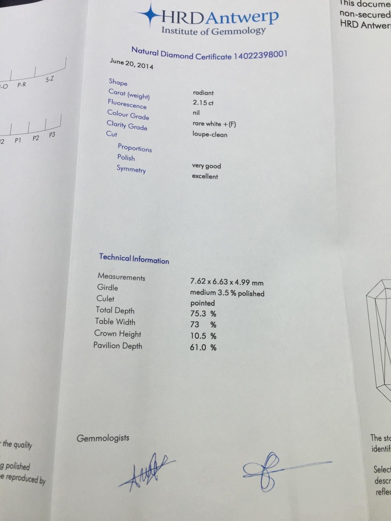 2.15 Carat HRD Certificate White Radiant Cut Diamond In New Condition For Sale In Antwerp, BE