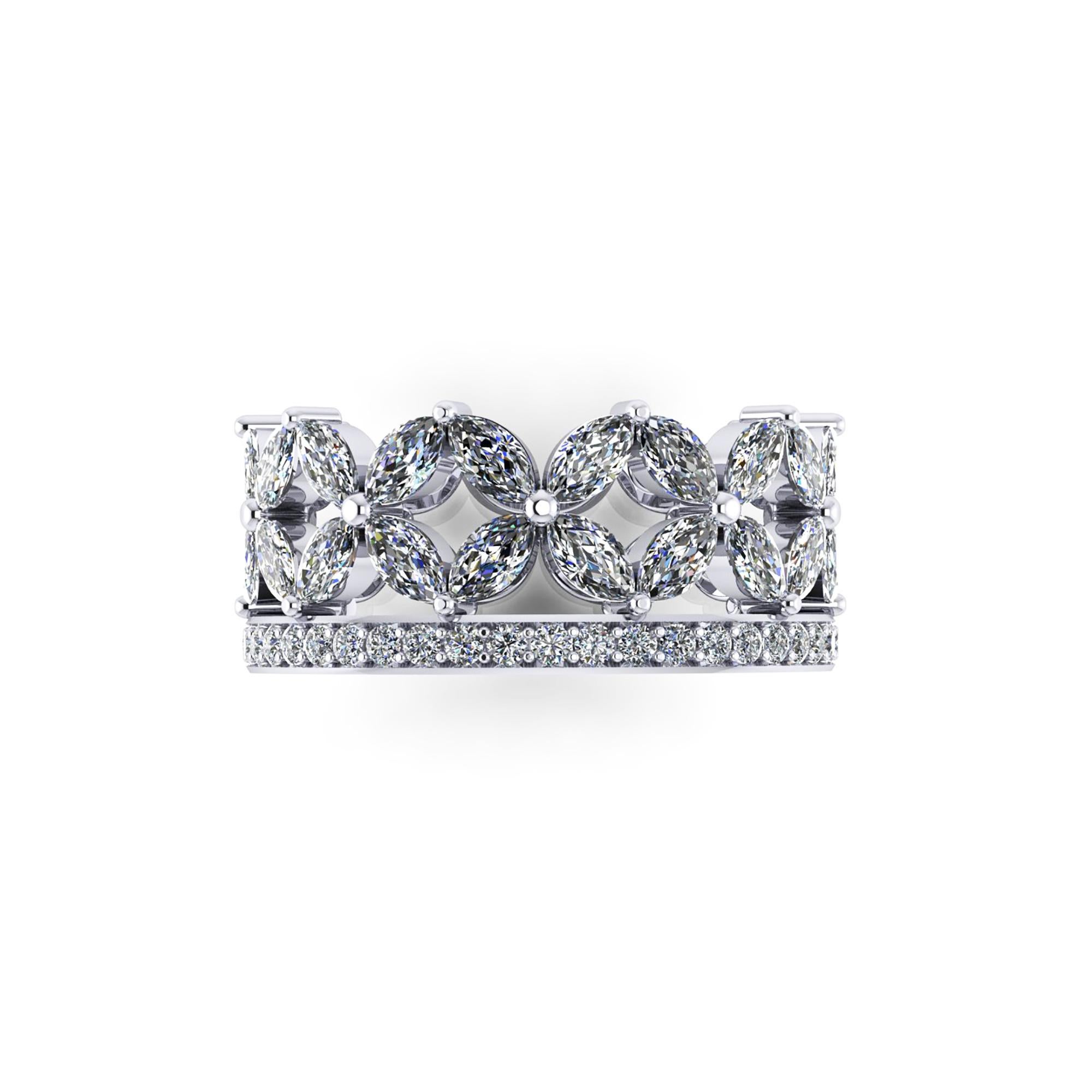  2.15 carat sparkly white diamonds, Marquise Diamond cut and Round brilliant cut,  G/H color, VS clarity,  for a total carat weight of 2.15 carat, hand set in this hand made Flower eternity, wide band, entirely made in Platinum 950, refined and
