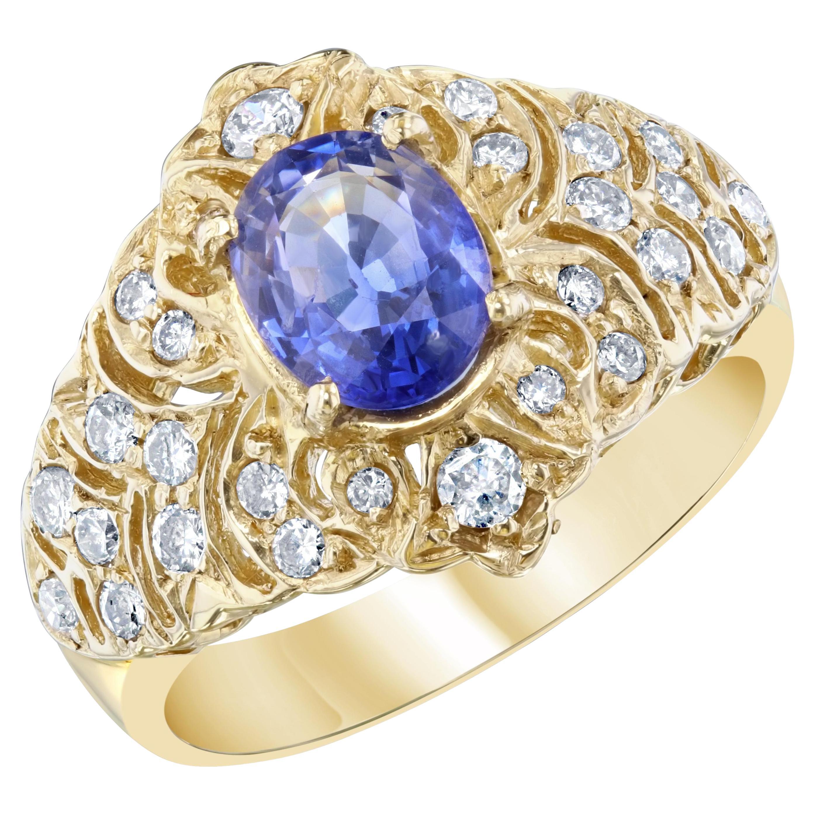 2.15 Carat Natural Blue Sapphire Diamond 14 Karat Yellow Gold Cluster Ring