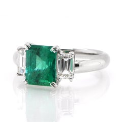 2.15 Carat Natural Colombian Emerald & Diamond Three Stone Ring Set in Platinum