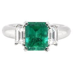2.15 Carat Natural Colombian Emerald 
Diamond Three Stone Ring Set in Platinum