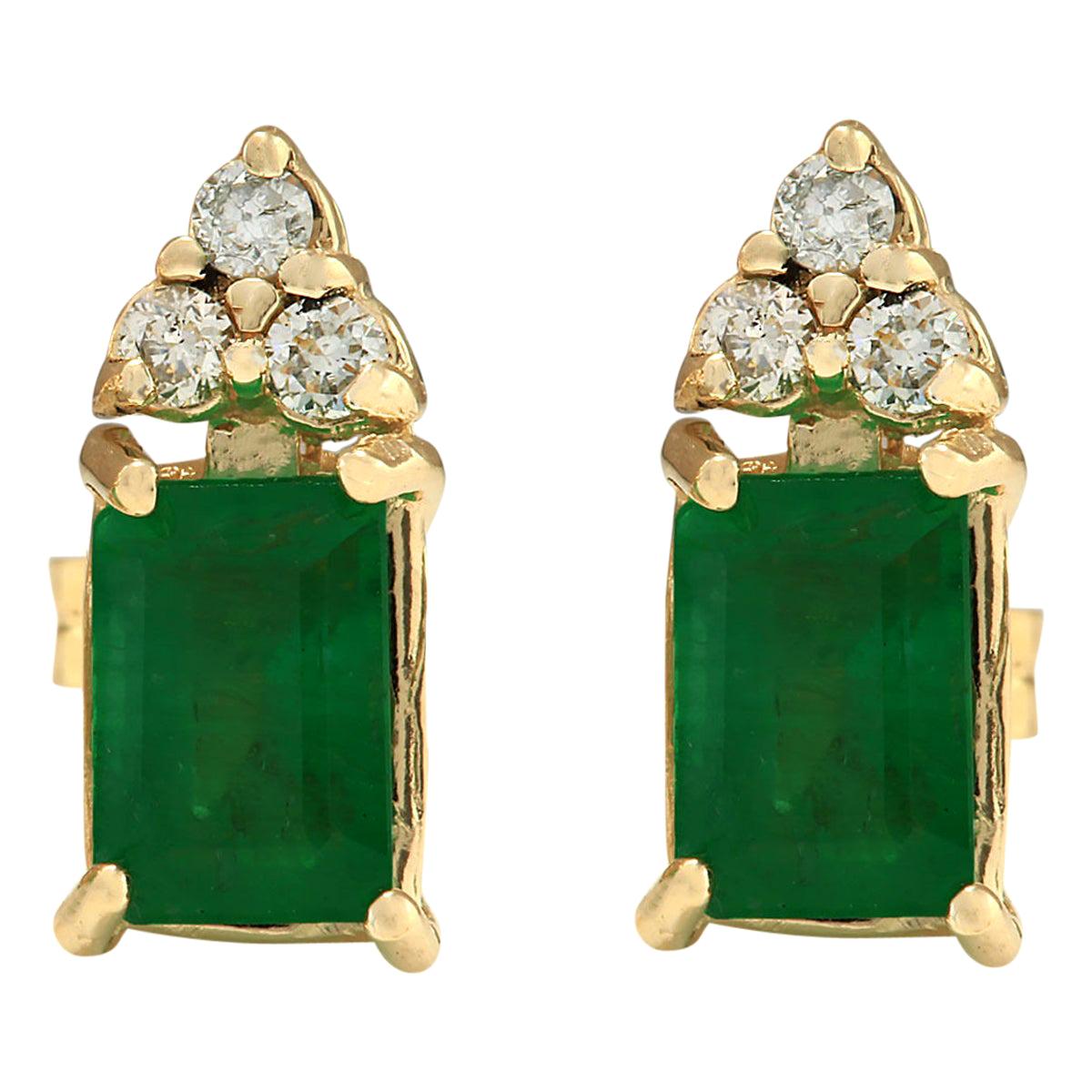 Emerald Diamond Earrings In 14 Karat Yellow Gold  For Sale