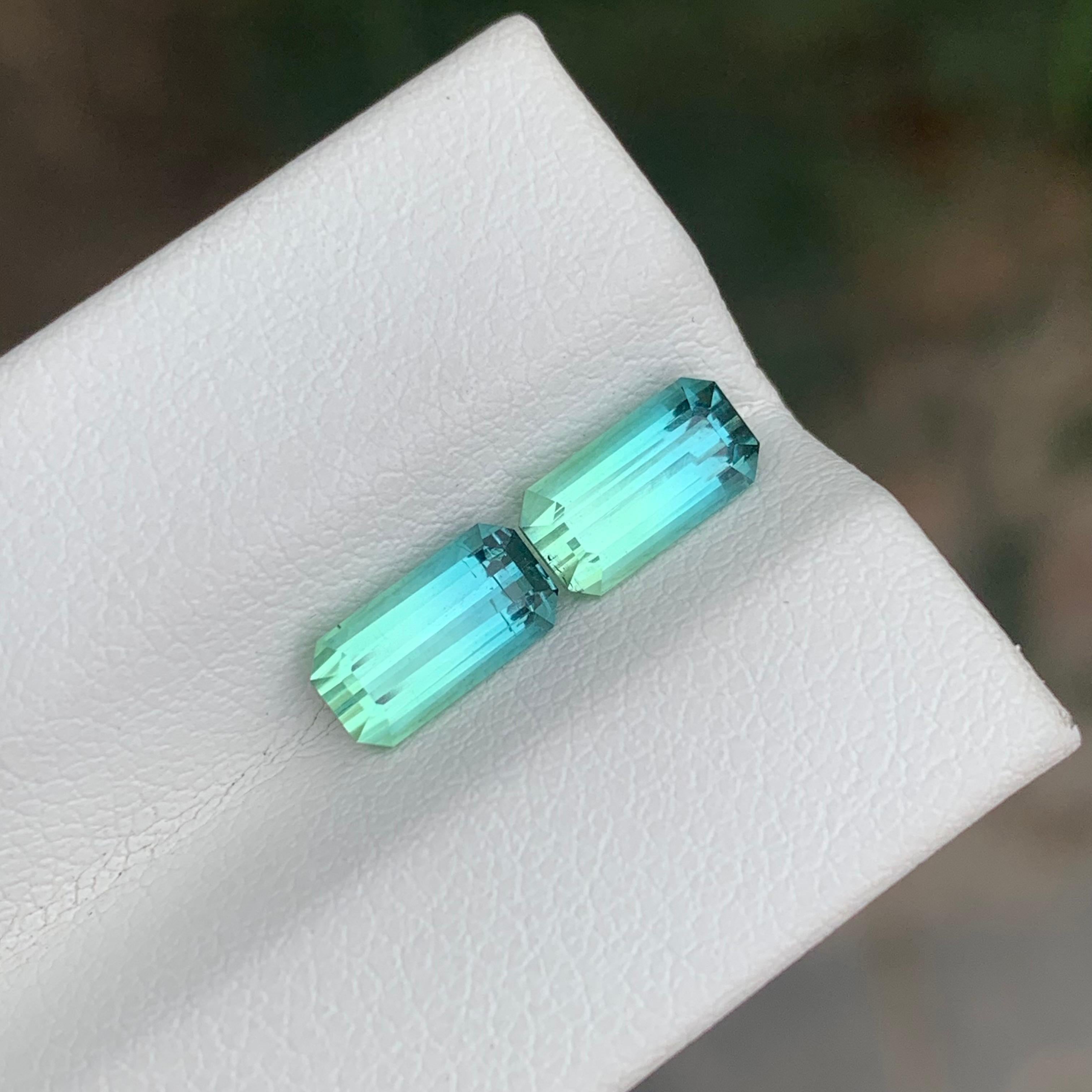 Faceted Parti Tourmaline Pair 

Weight: 2.15 Carat
Dimension: 7.9 x 4.1 x 3.6 Mm And 
                   8 x 4 x 3.4 Mm 
Colour: Mint Green And Seafoam Blue 
Treatment: Non
Certificate: On Customer Demand
Shape: Emerald 


Tourmaline is a