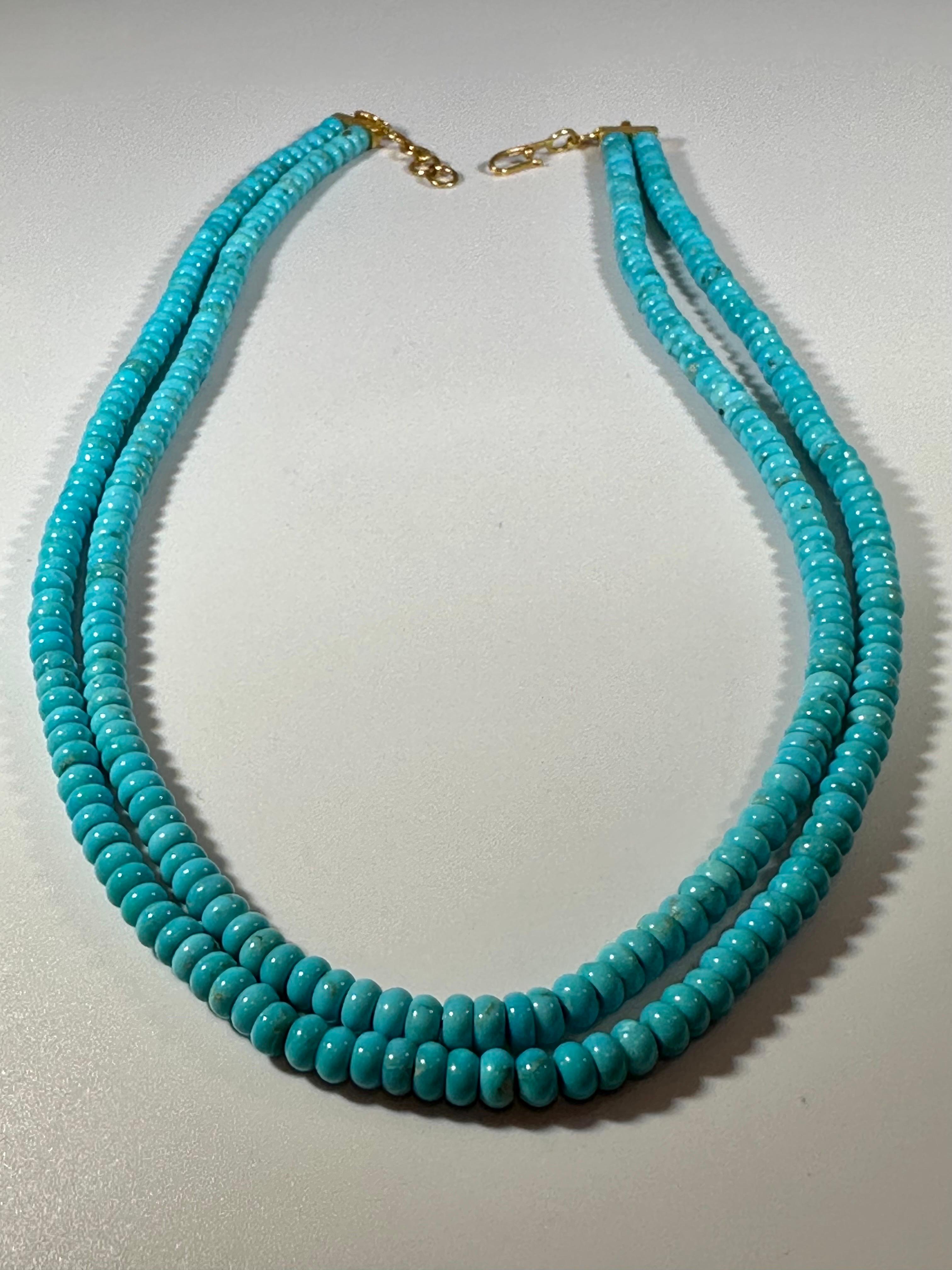 215 Carat Natural Sleeping Beauty Turquoise Necklace, Two Strand 14 Karat Gold For Sale 4