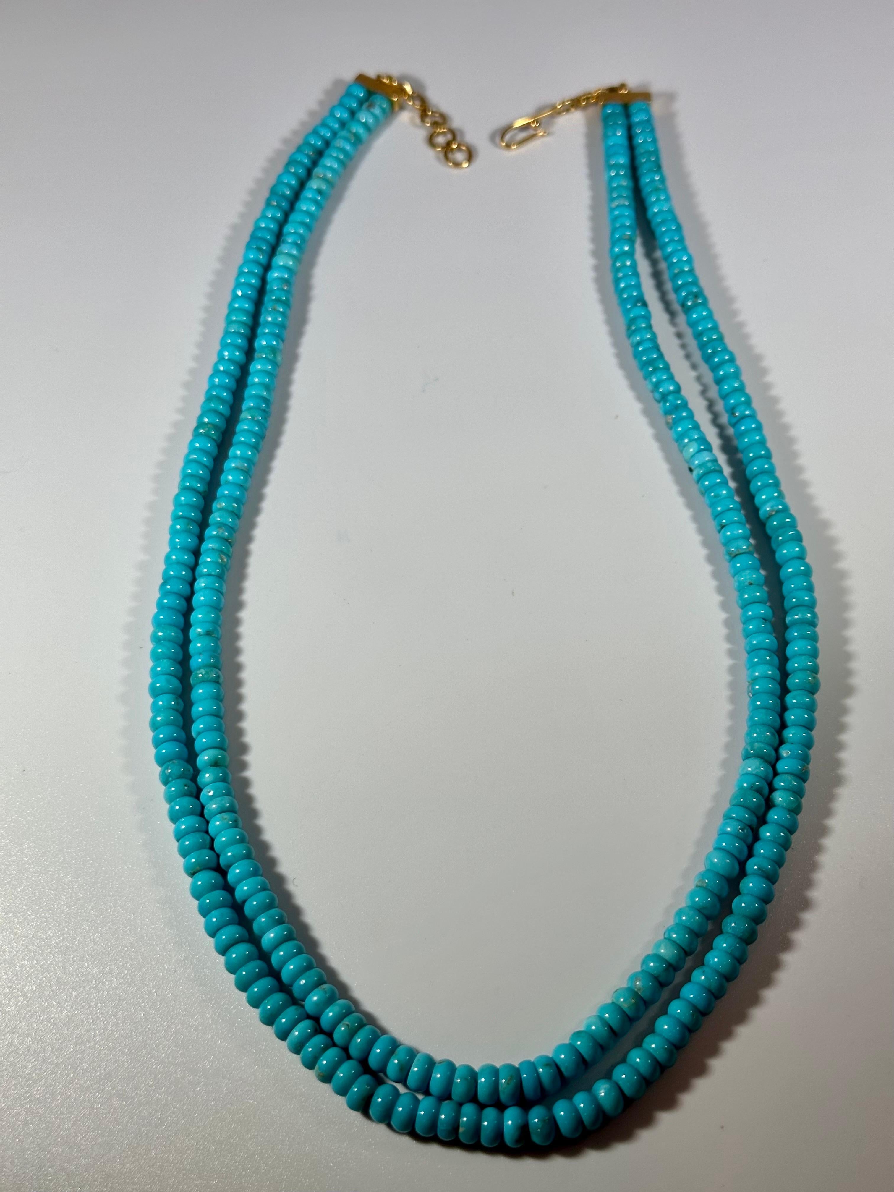 215 Carat Natural Sleeping Beauty Turquoise Necklace, Two Strand 14 Karat Gold For Sale 5