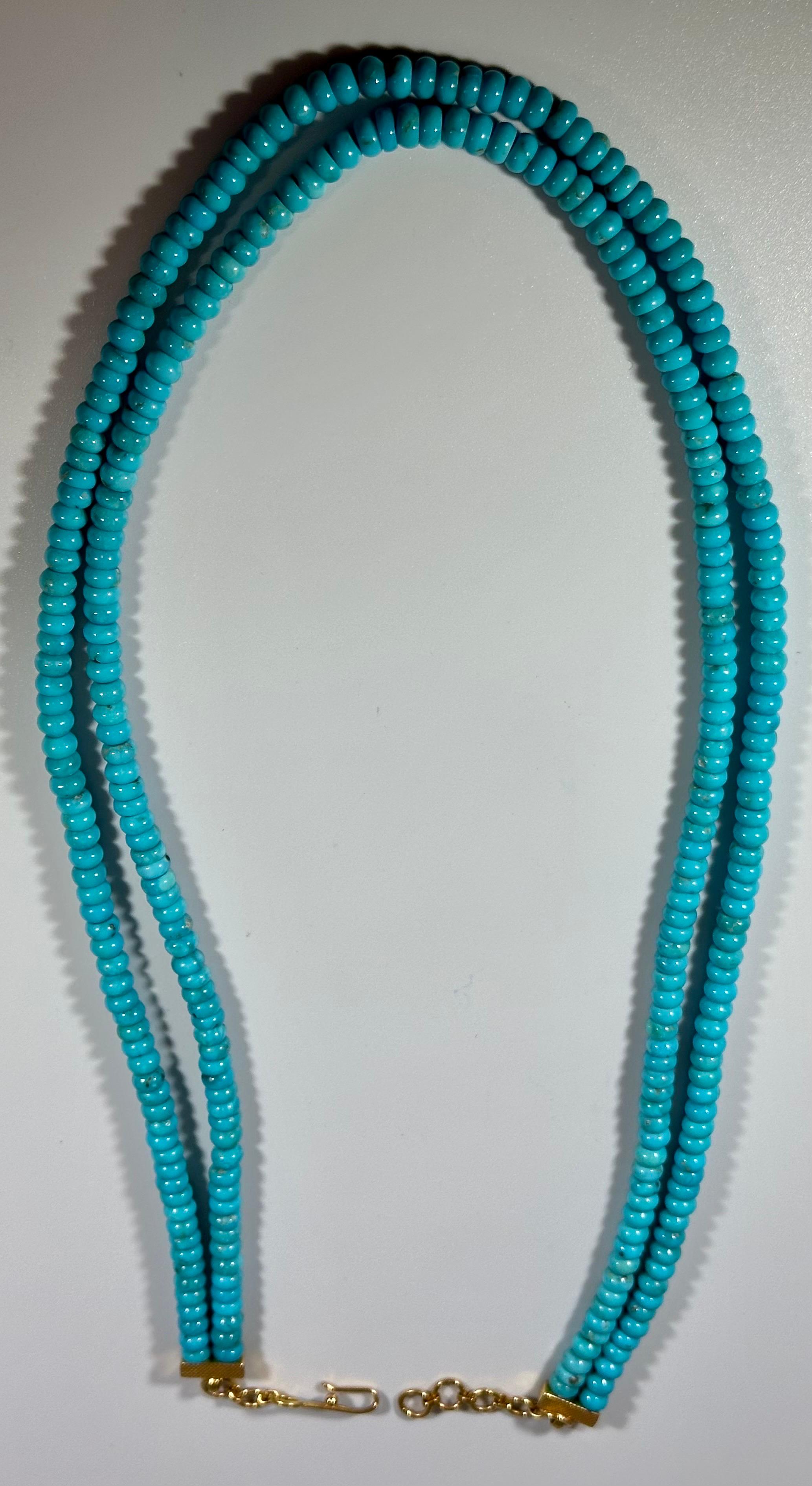 215 Carat Natural Sleeping Beauty Turquoise Necklace, Two Strand 14 Karat Gold For Sale 6