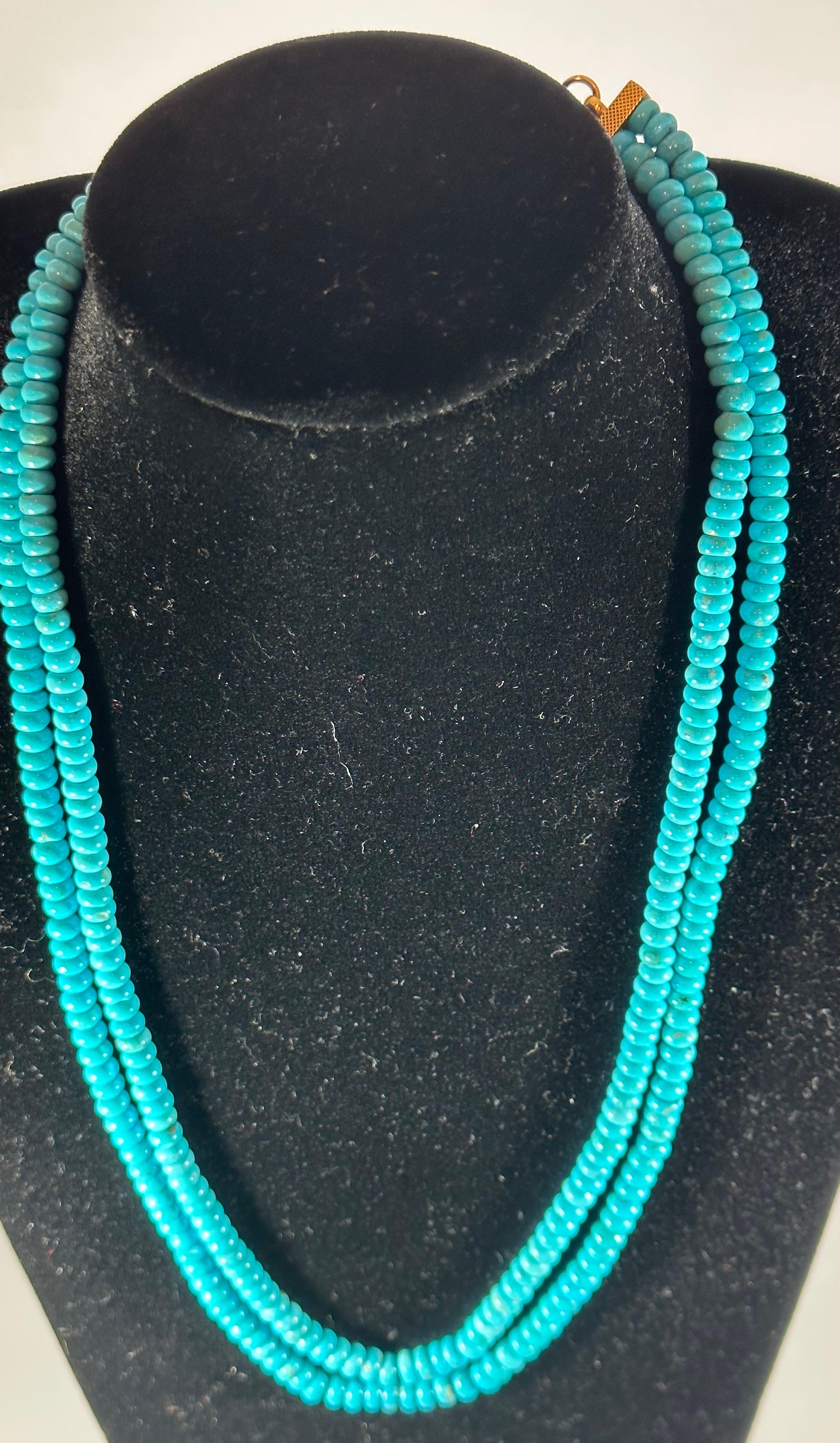 215 Carat Natural Sleeping Beauty Turquoise Necklace, Two Strand 14 Karat Gold For Sale 7
