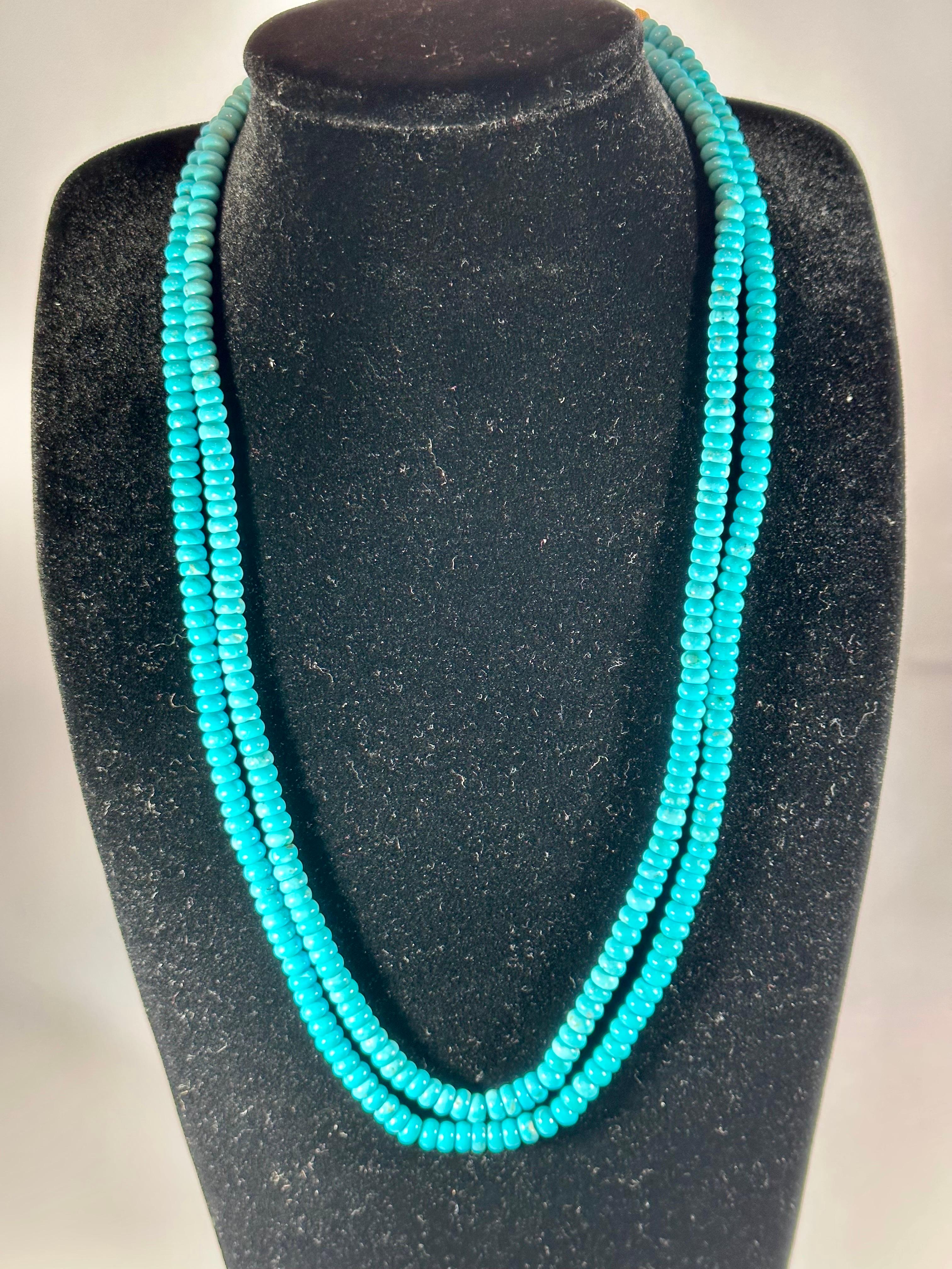 215 Carat Natural Sleeping Beauty Turquoise Necklace, Two Strand 14 Karat Gold For Sale 8