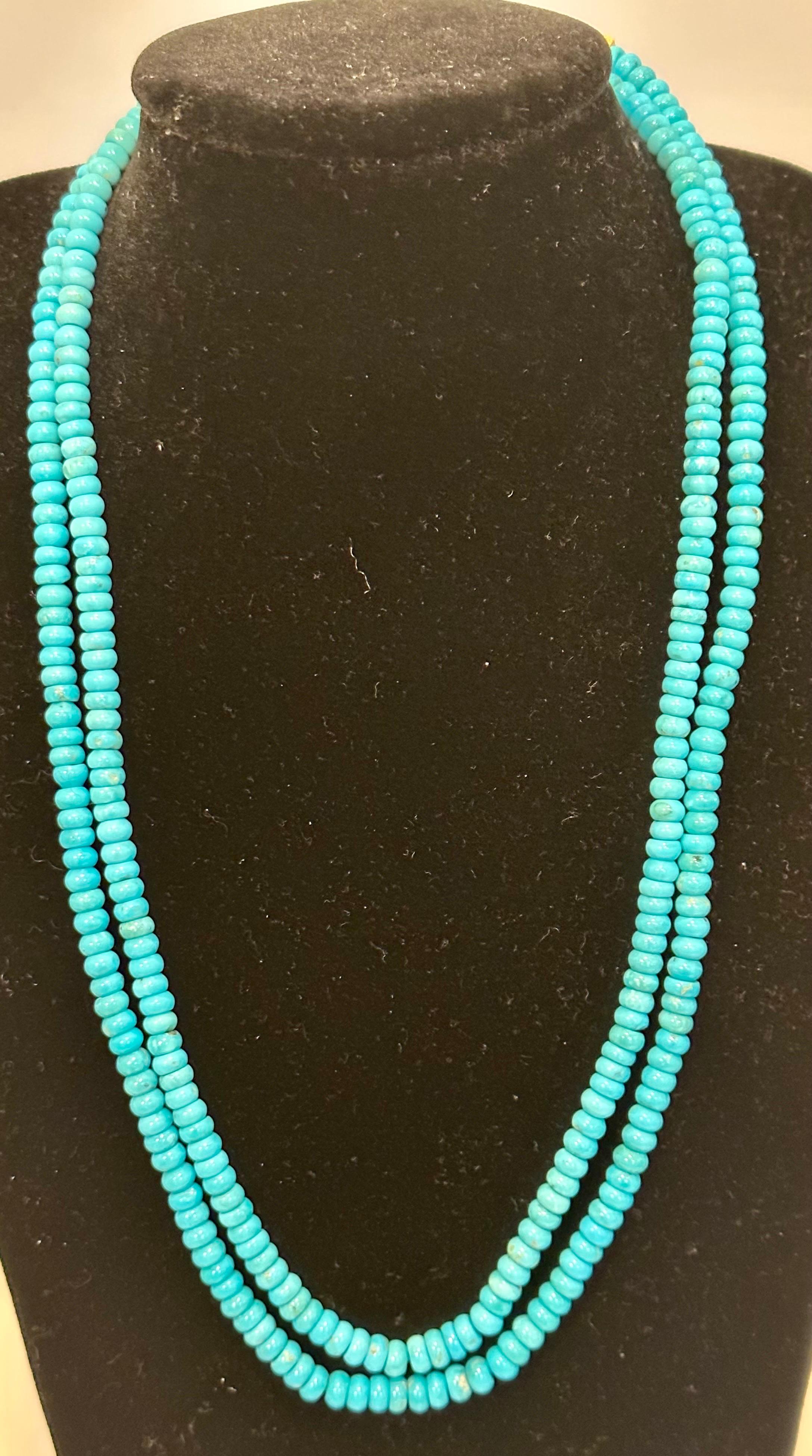 215 Carat Natural Sleeping Beauty Turquoise Necklace, Two Strand 14 Karat Gold For Sale 9
