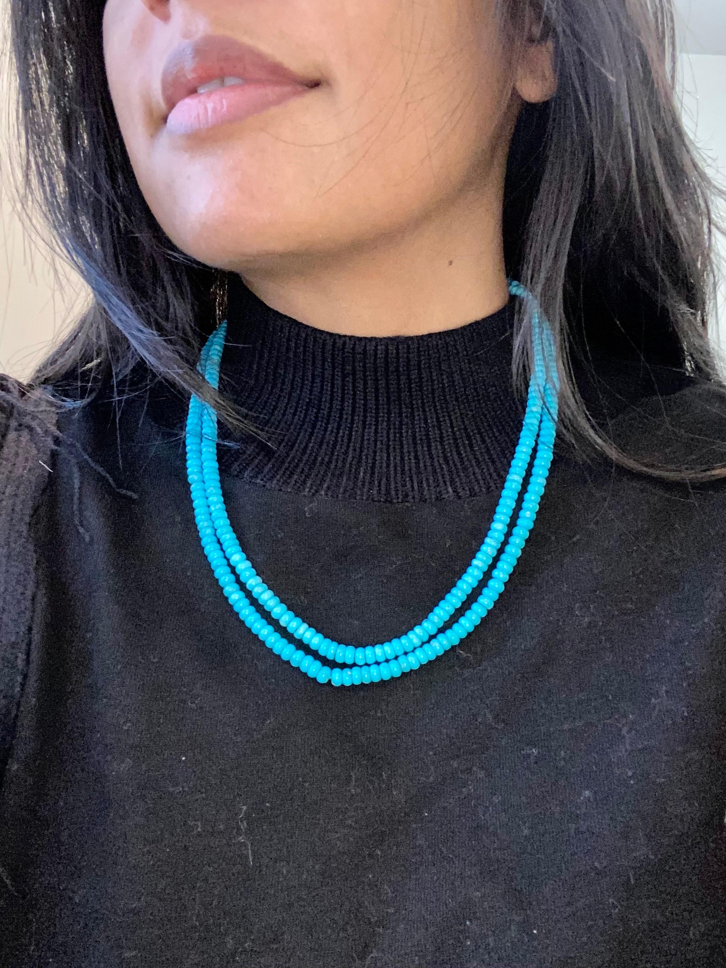 215 Carat Natural Sleeping Beauty Turquoise Necklace, Two Strand 14 Karat Gold
Natural Sleeping Beauty Turquoise which is very hard to find now.
Necklace has 2 strand
Approximately 5 mm each bead
14 Karat  Yellow gold clasp
20 Inches long
Please