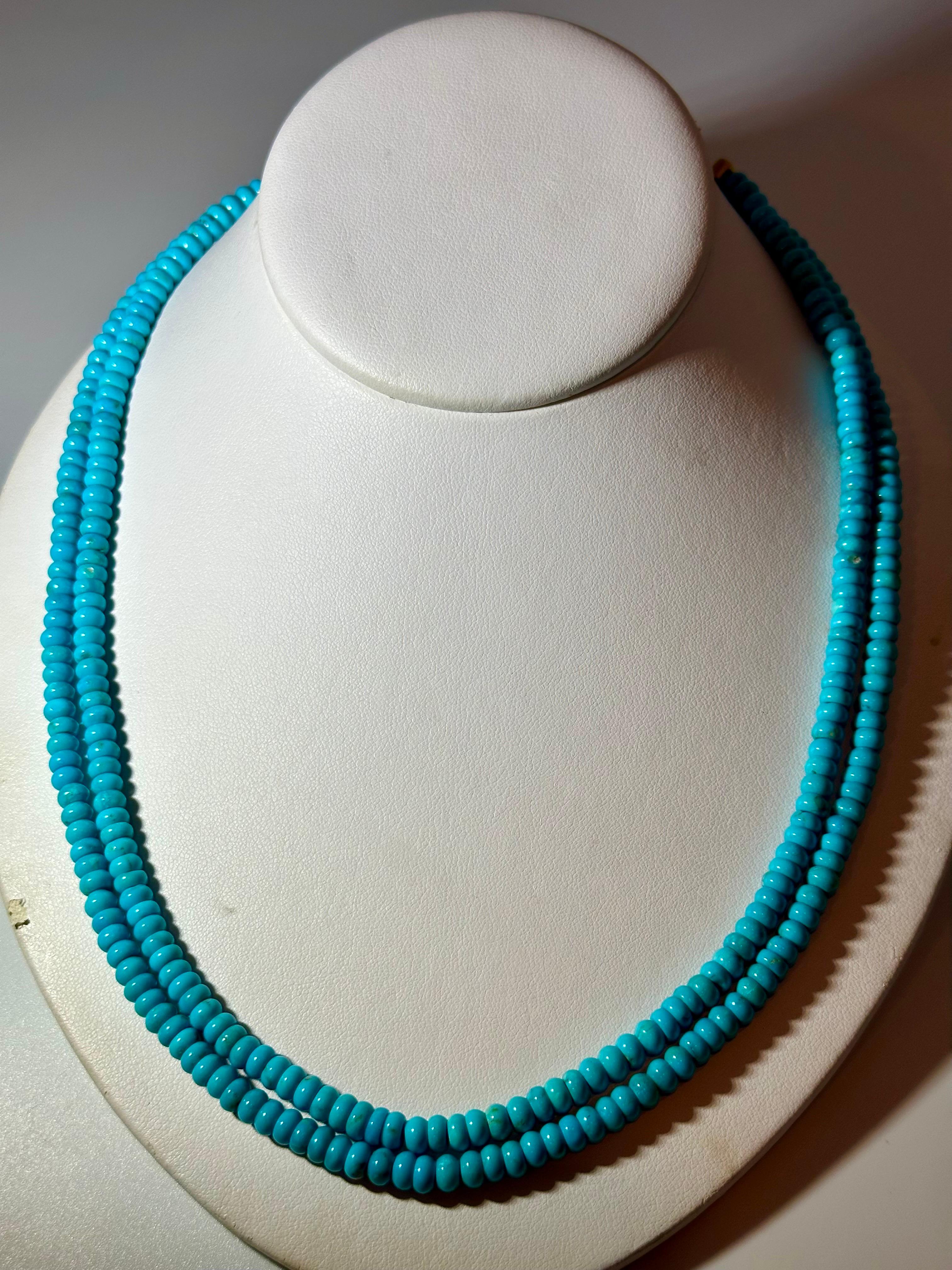 215 Carat Natural Sleeping Beauty Turquoise Necklace, Two Strand 14 Karat Gold In Excellent Condition For Sale In New York, NY