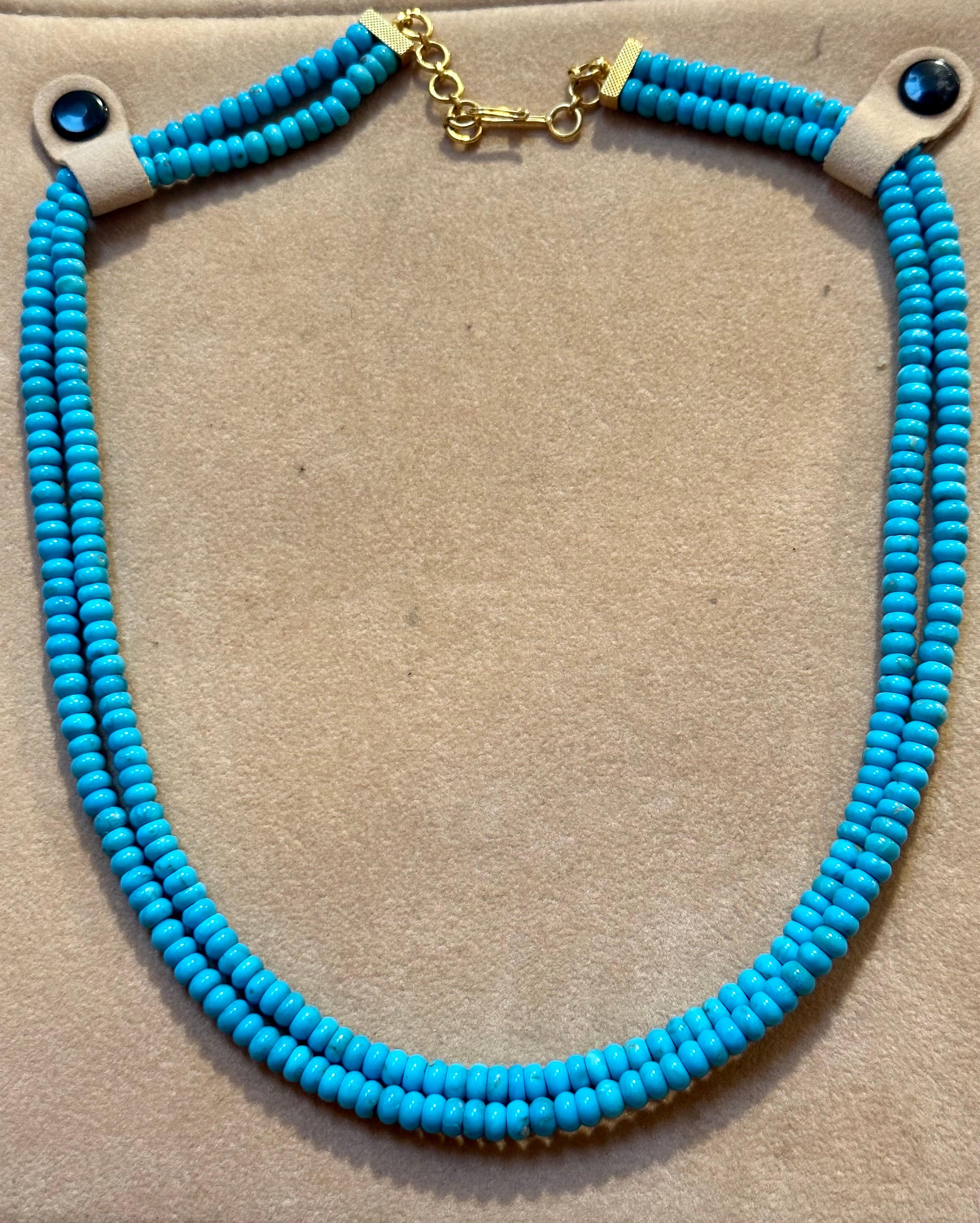 Women's 215 Carat Natural Sleeping Beauty Turquoise Necklace, Two Strand 14 Karat Gold For Sale