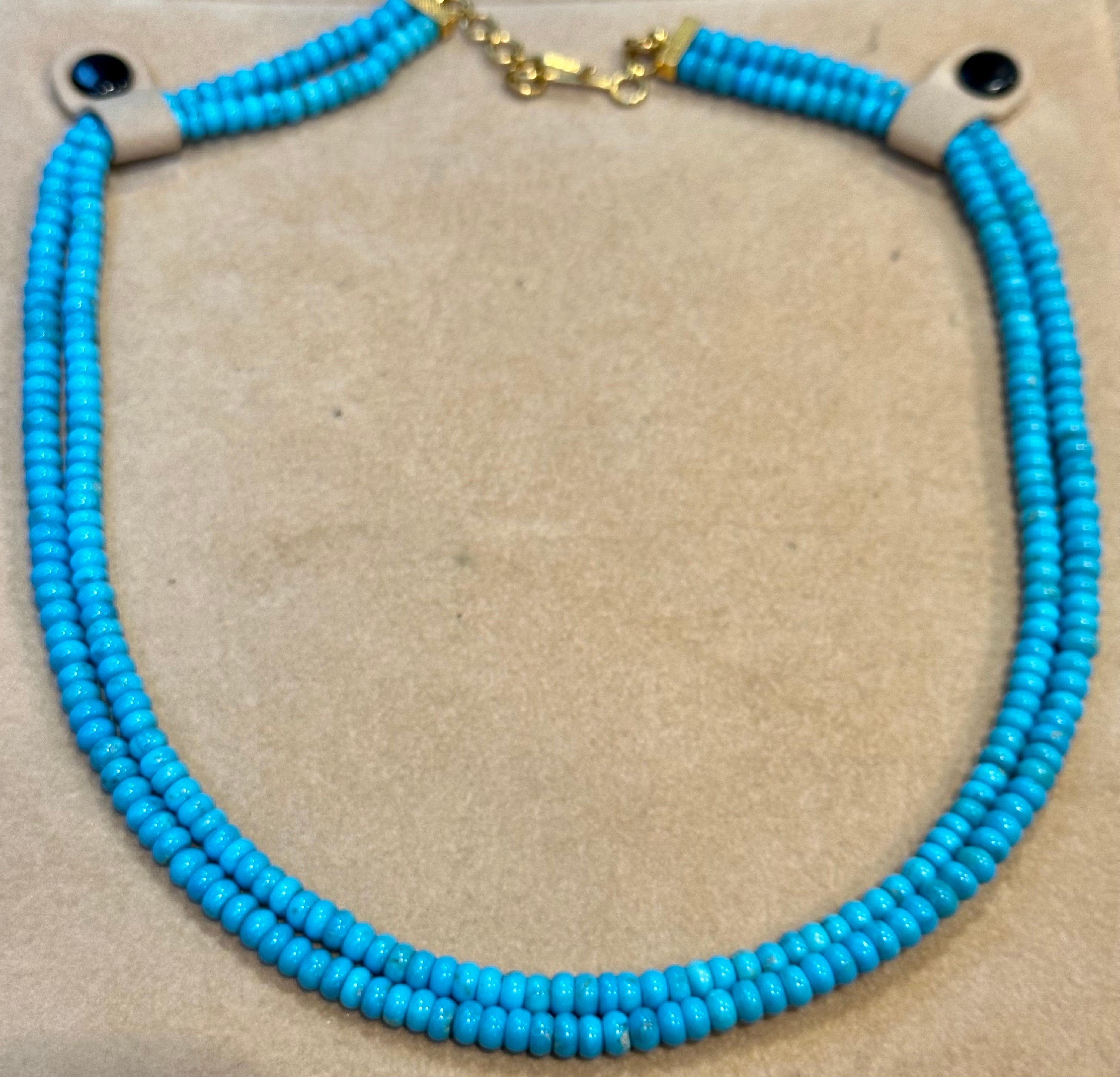 215 Carat Natural Sleeping Beauty Turquoise Necklace, Two Strand 14 Karat Gold For Sale 1