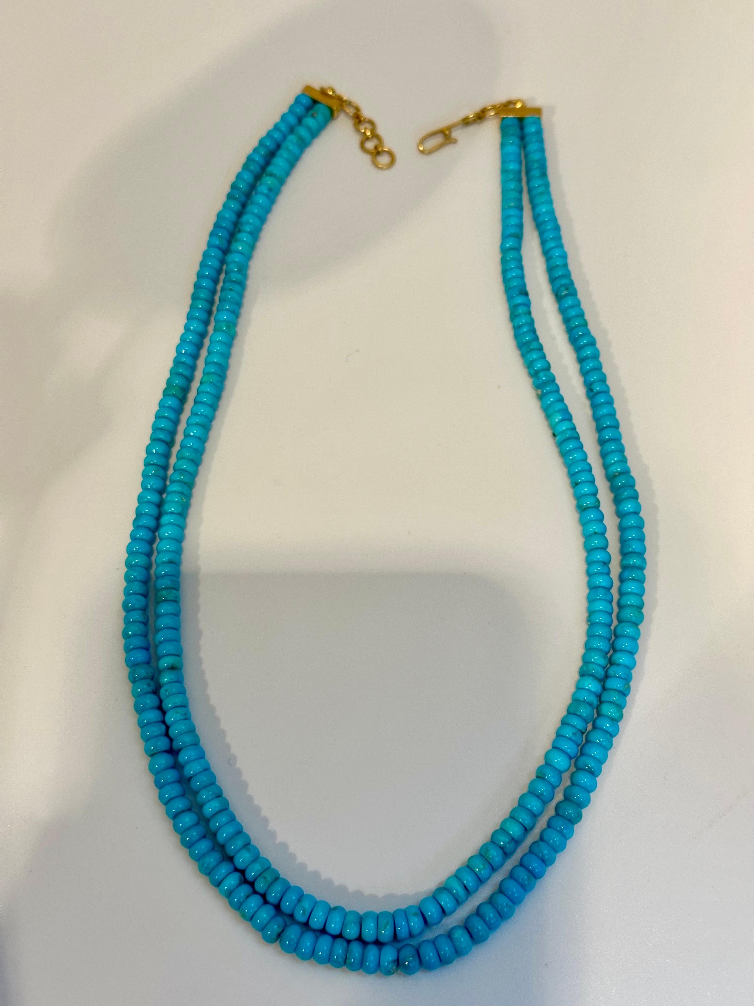 215 Carat Natural Sleeping Beauty Turquoise Necklace, Two Strand 14 Karat Gold For Sale 2