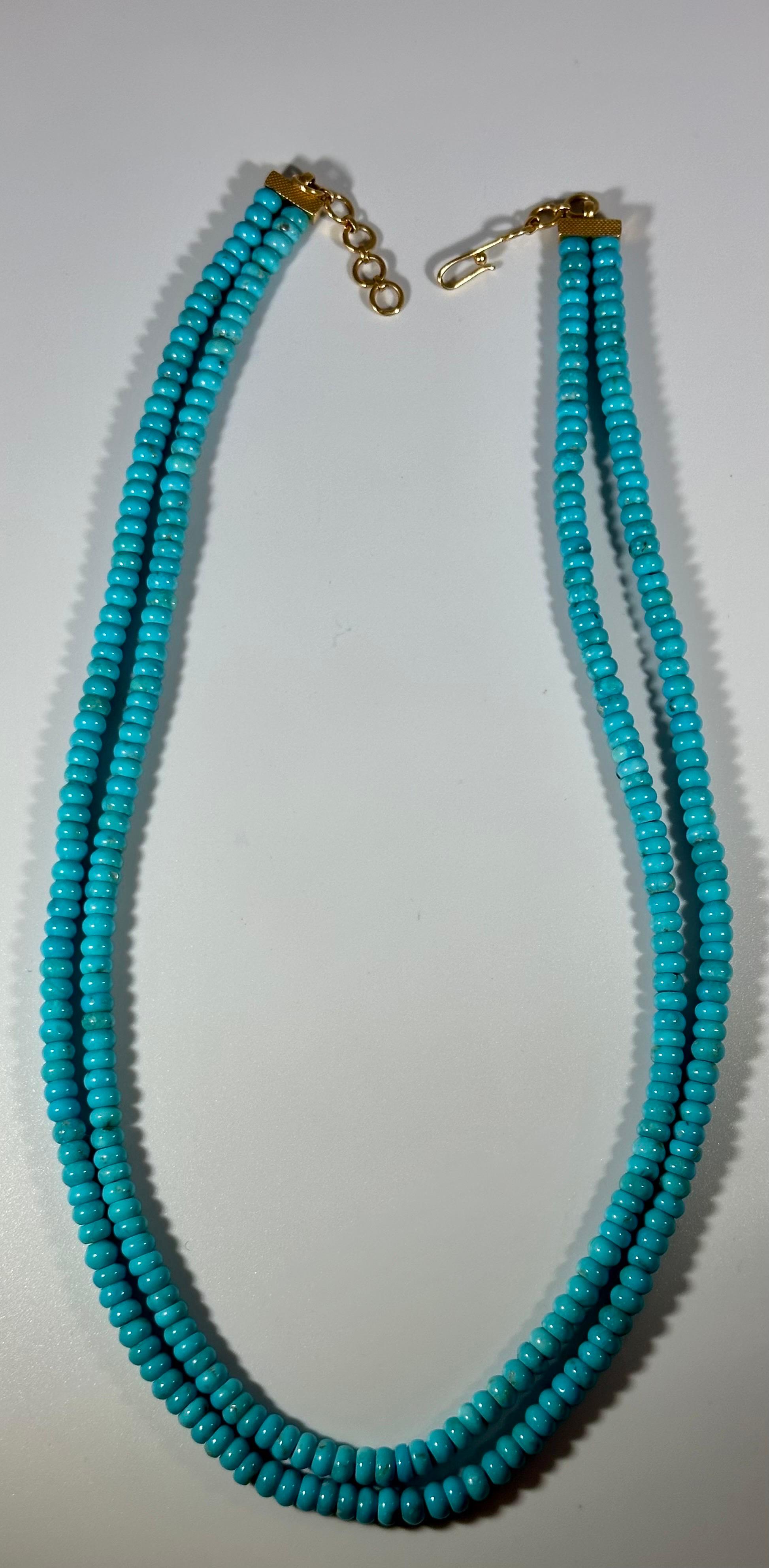 215 Carat Natural Sleeping Beauty Turquoise Necklace, Two Strand 14 Karat Gold For Sale 3