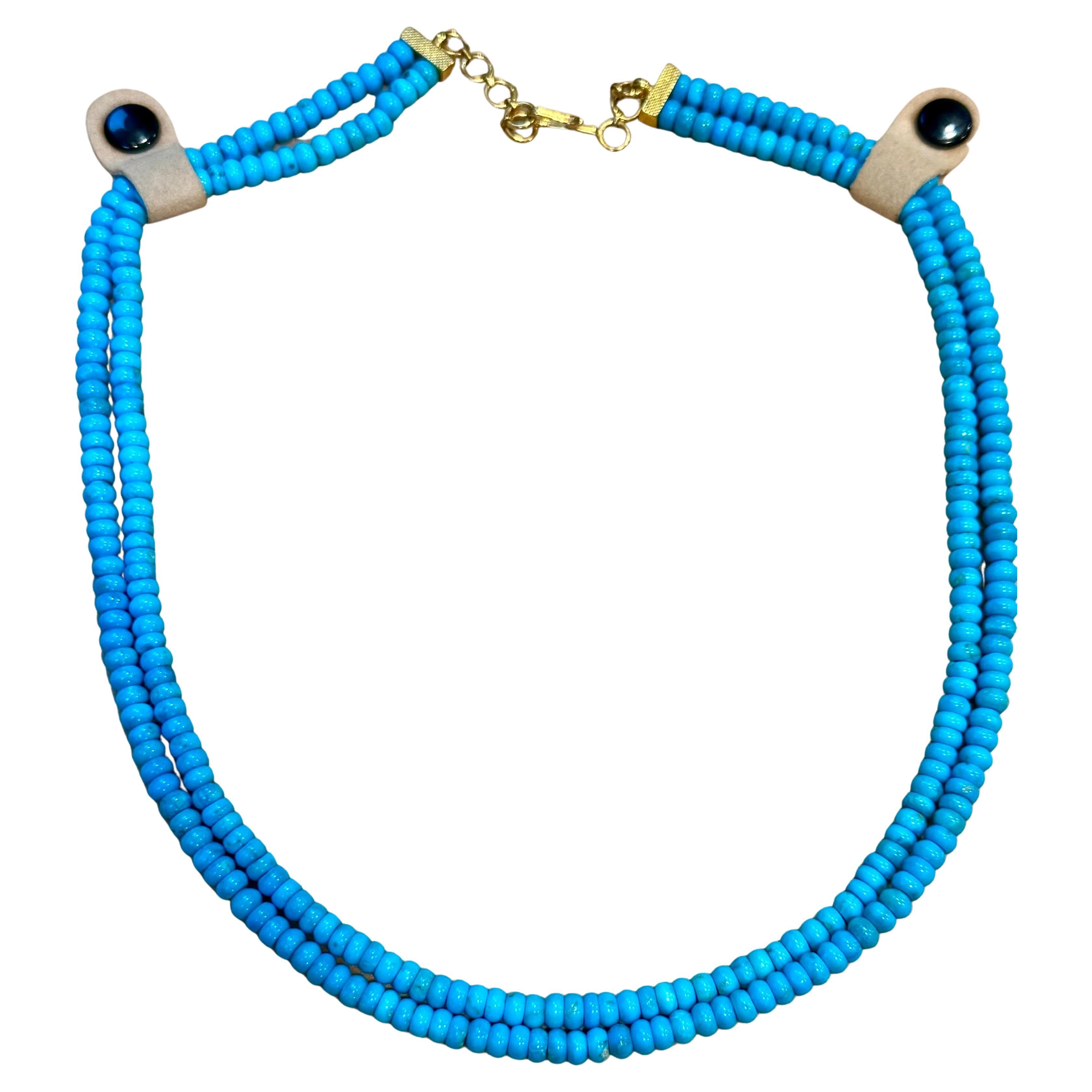 215 Carat Natural Sleeping Beauty Turquoise Necklace, Two Strand 14 Karat Gold For Sale