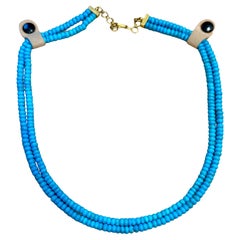 215 Carat Natural Sleeping Beauty Turquoise Necklace, Two Strand 14 Karat Gold