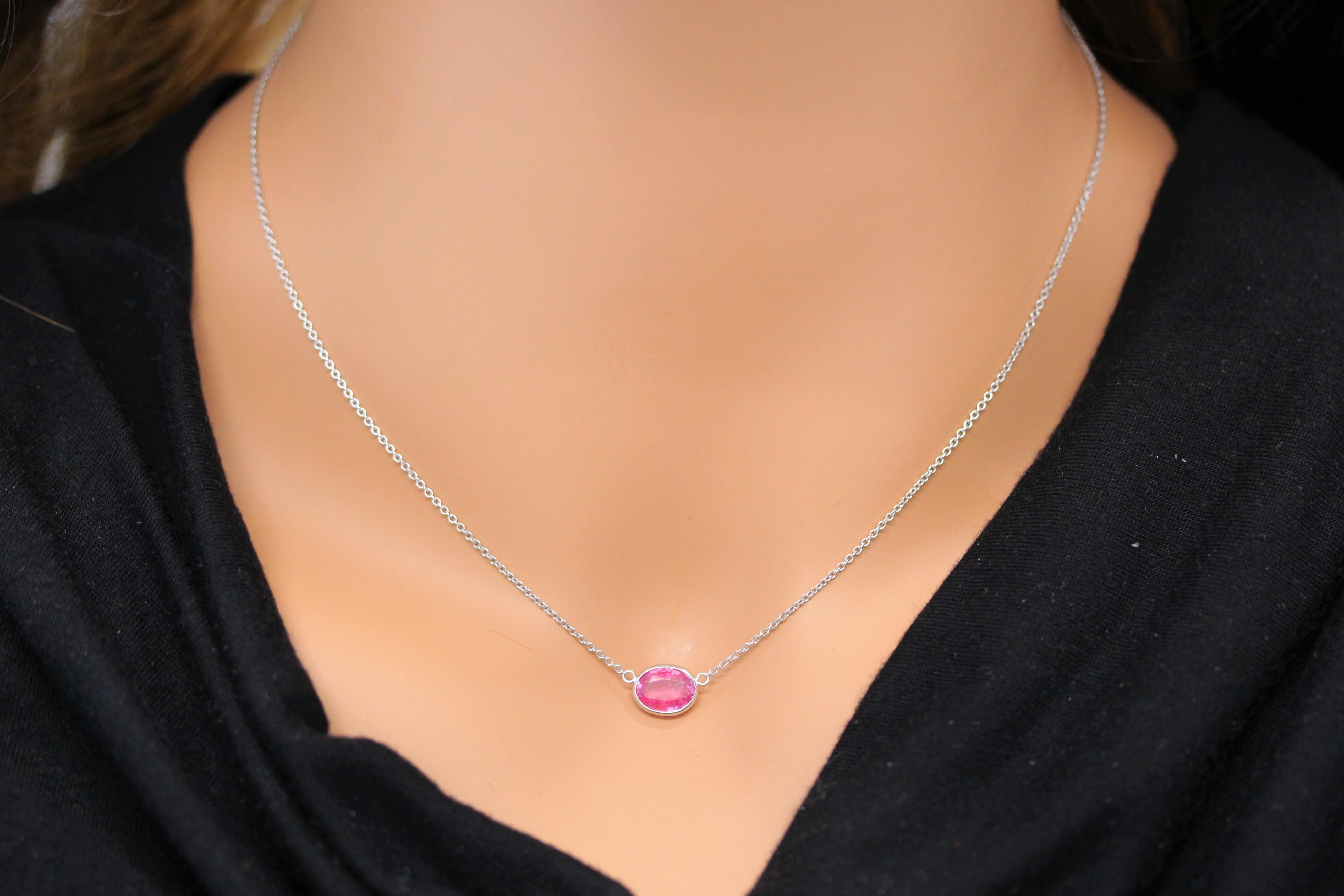 Contemporary 2.15 Carat Oval Padparadschah Pink Fashion Necklaces In 14k White Gold For Sale