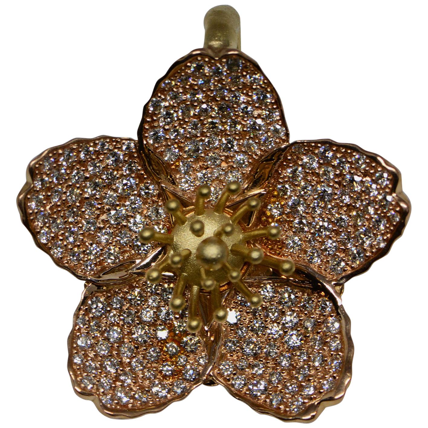 Custom Cherry Blossom Pendant with 2.20ct Pavé Set Diamonds 20kt Gold For Sale